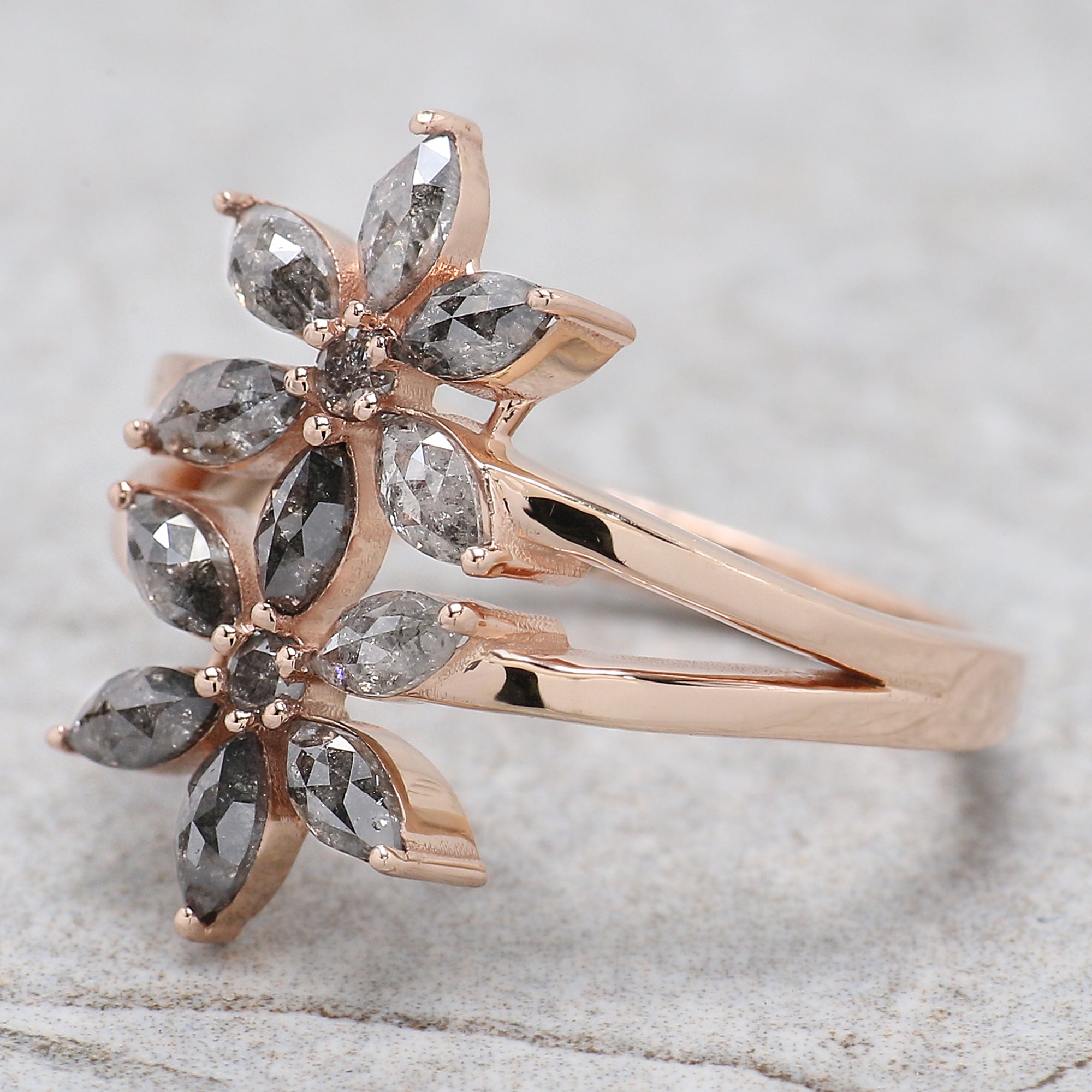 Marquise Cut Salt And Pepper Diamond Ring 0.99 Ct 4.30 MM Marquise Diamond Ring 14K Rose Gold Silver Engagement Ring Gift For Her QL1348