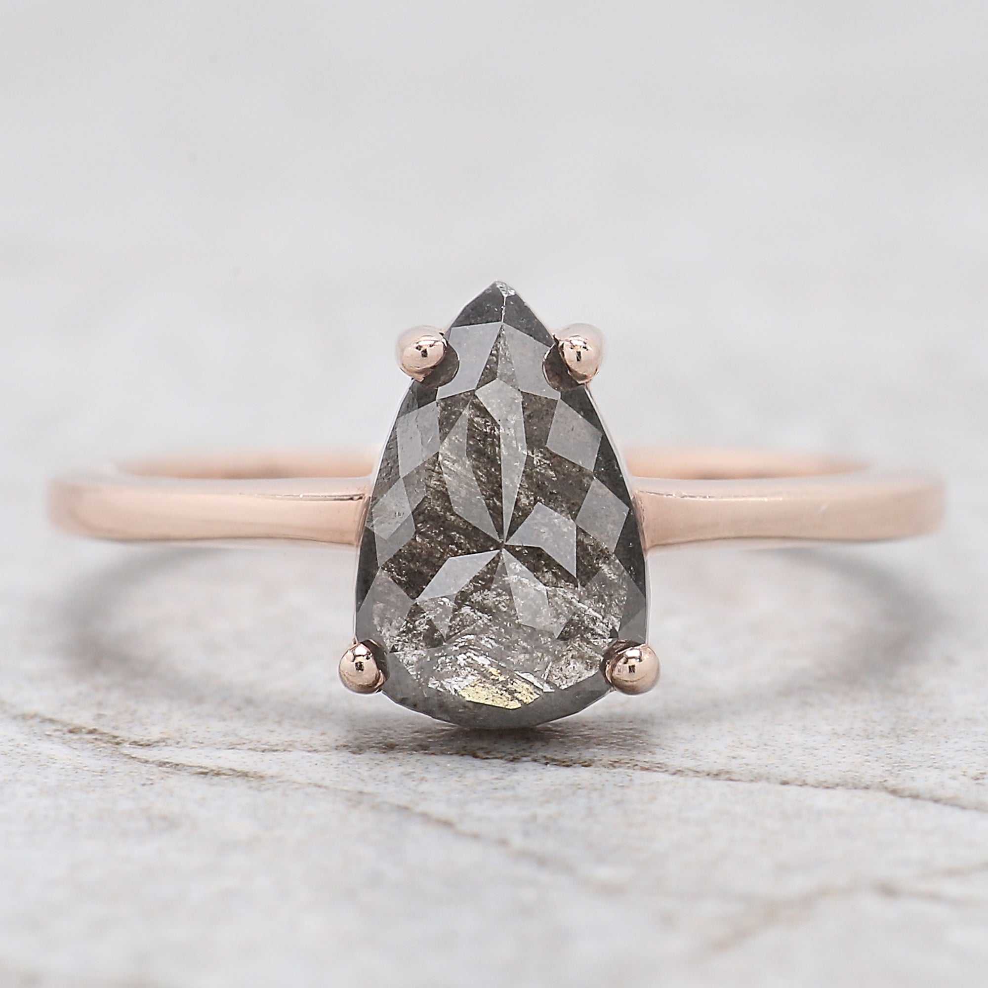 1.37 Ct Natural Pear Cut Salt And Pepper Diamond Ring 9.60 MM Pear Diamond Ring 14K Solid Rose Gold Silver Engagement Ring Pear Ring QL1577