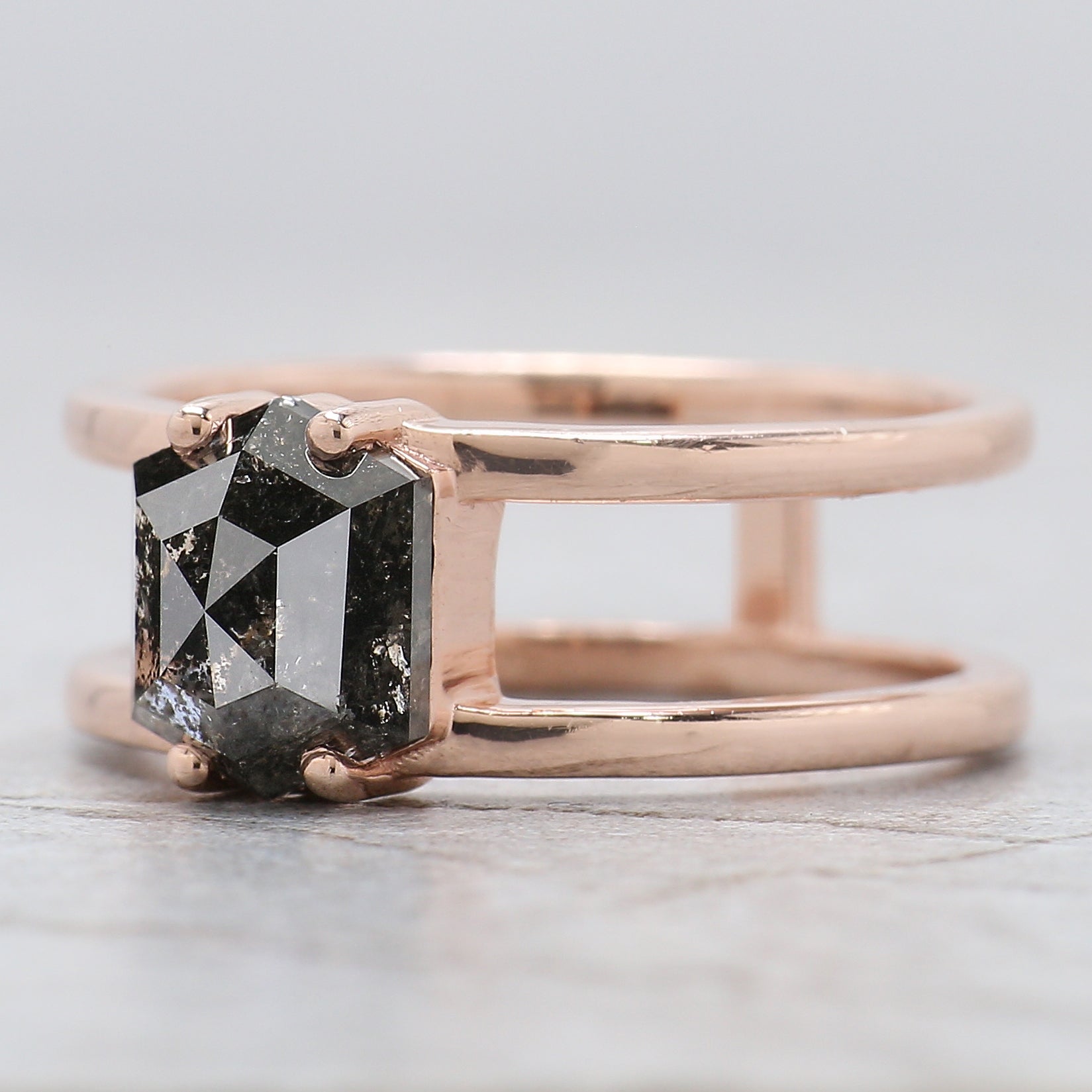 Hexagon Cut Salt And Pepper Diamond Ring 1.93 Ct 7.95 MM Hexagon Diamond Ring 14K Solid Rose Gold Silver Engagement Ring Gift For Her QL2264