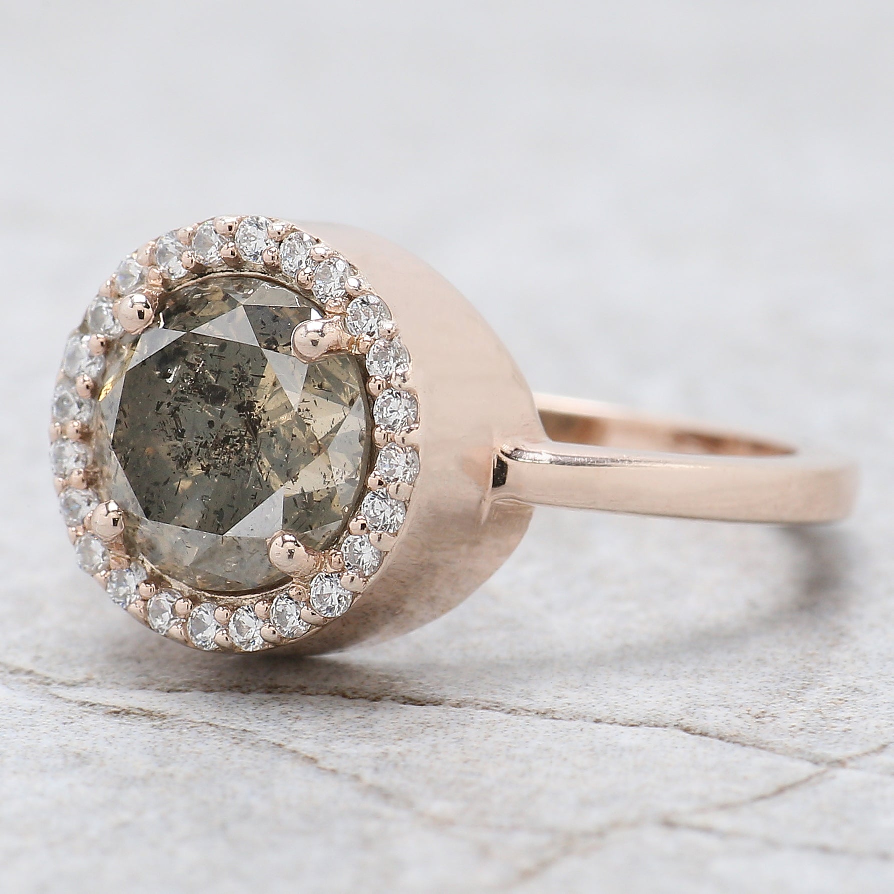 Round Cut Salt And Pepper Diamond Ring 2.43 Ct 8.20 MM Round Diamond Ring 14K Solid Rose Gold Silver Engagement Ring Gift For Her QL8553