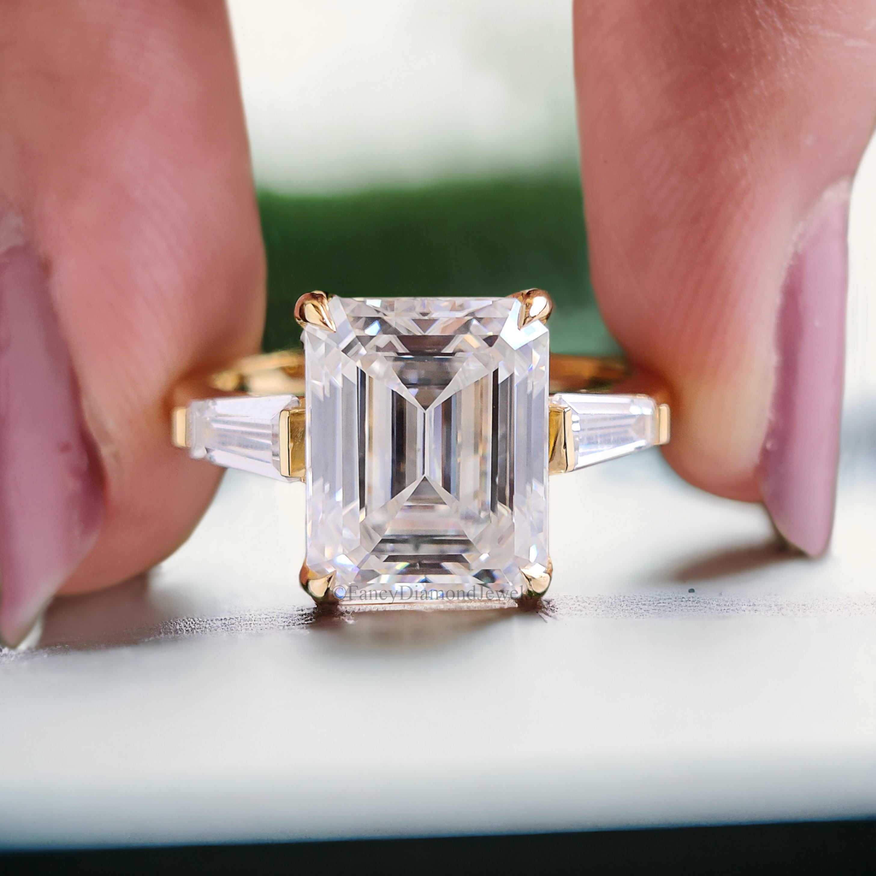 3.45 CT Emerald Cut Colorless Moissanite Ring Three Stone Engagement Ring Side Tapered Baguette Moissanite Claw Prong Anniversary Gift FD137