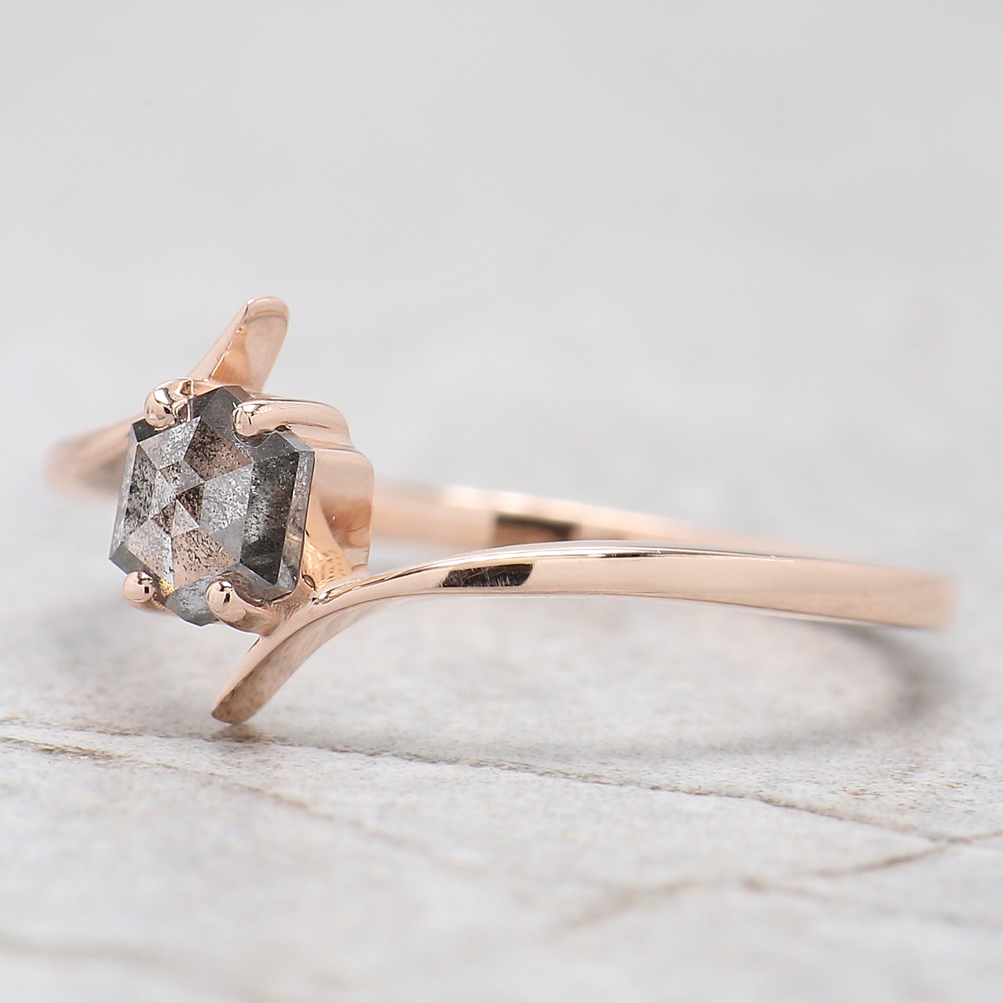 Hexagon Shape Black Color Diamond Ring 0.43 Ct 5.00 MM Hexagon Diamond Ring 14K Solid Rose Gold Silver Engagement Ring Gift For Her QN601