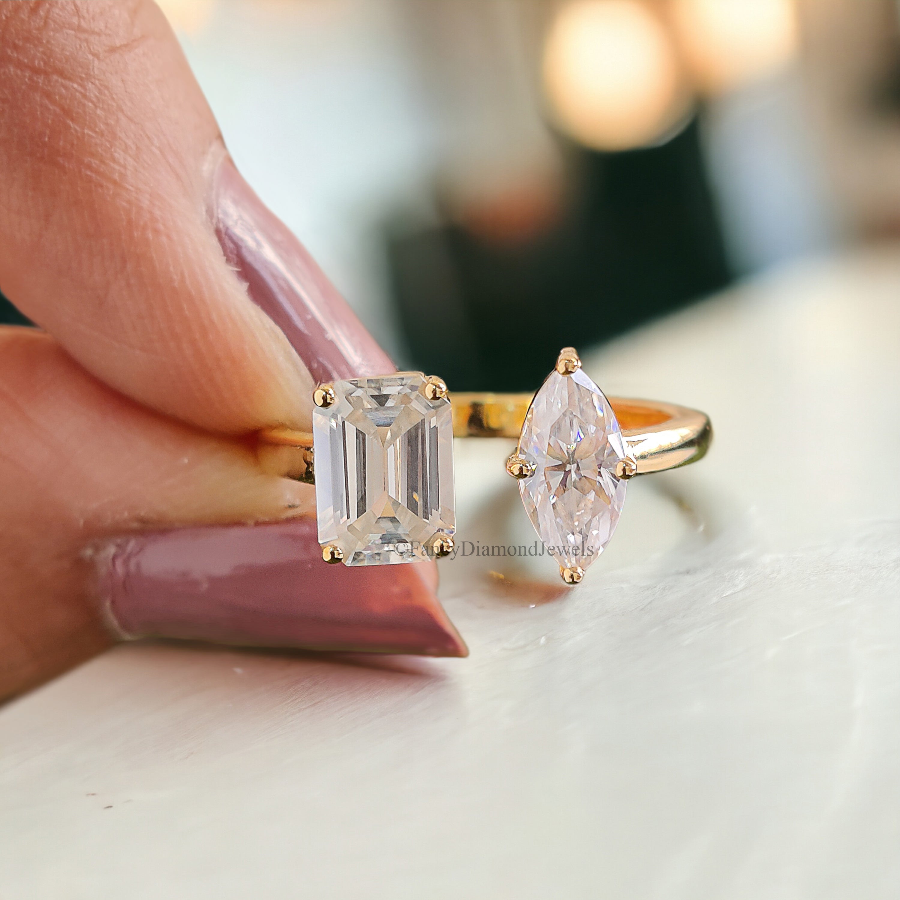 Toi Et Moi Moissanite Ring Marquise And Emerald Moissanite Wedding Ring Colorless Moissanite Engagement Ring Open Cuff Proposal Ring FD141