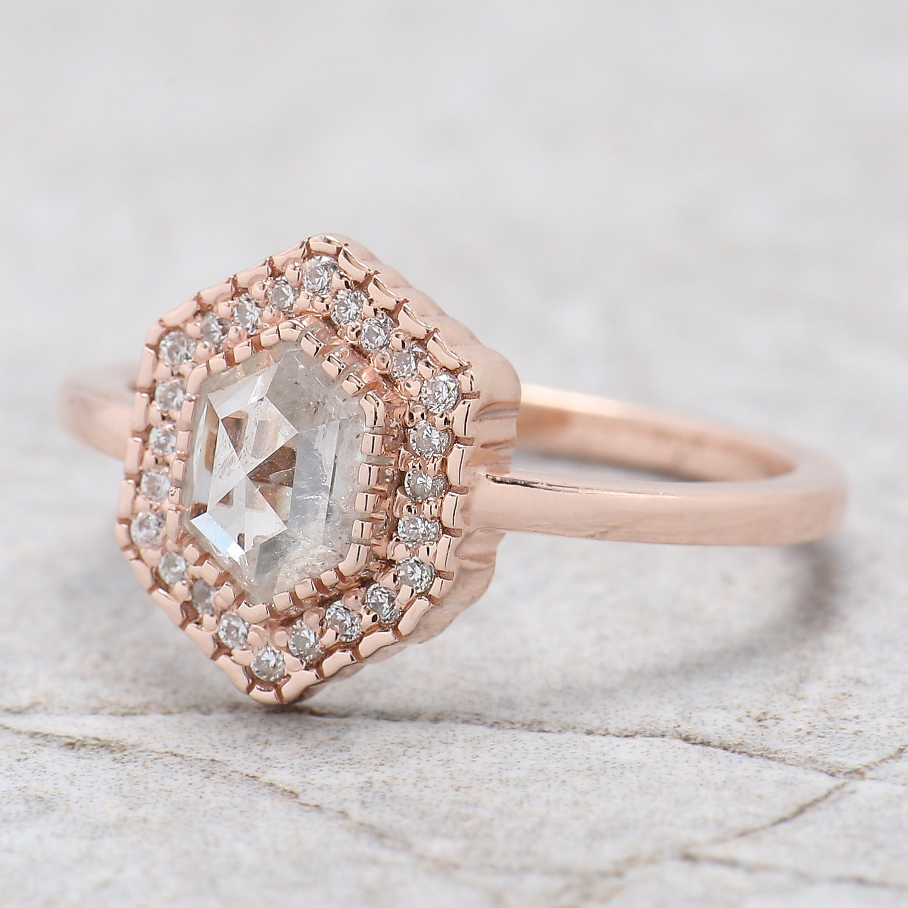 Hexagon Cut Salt And Pepper Diamond Ring 0.79 Ct 6.50 MM Hexagon Diamond Ring 14K Solid Rose Gold Silver Engagement Ring Gift For Her QL2587