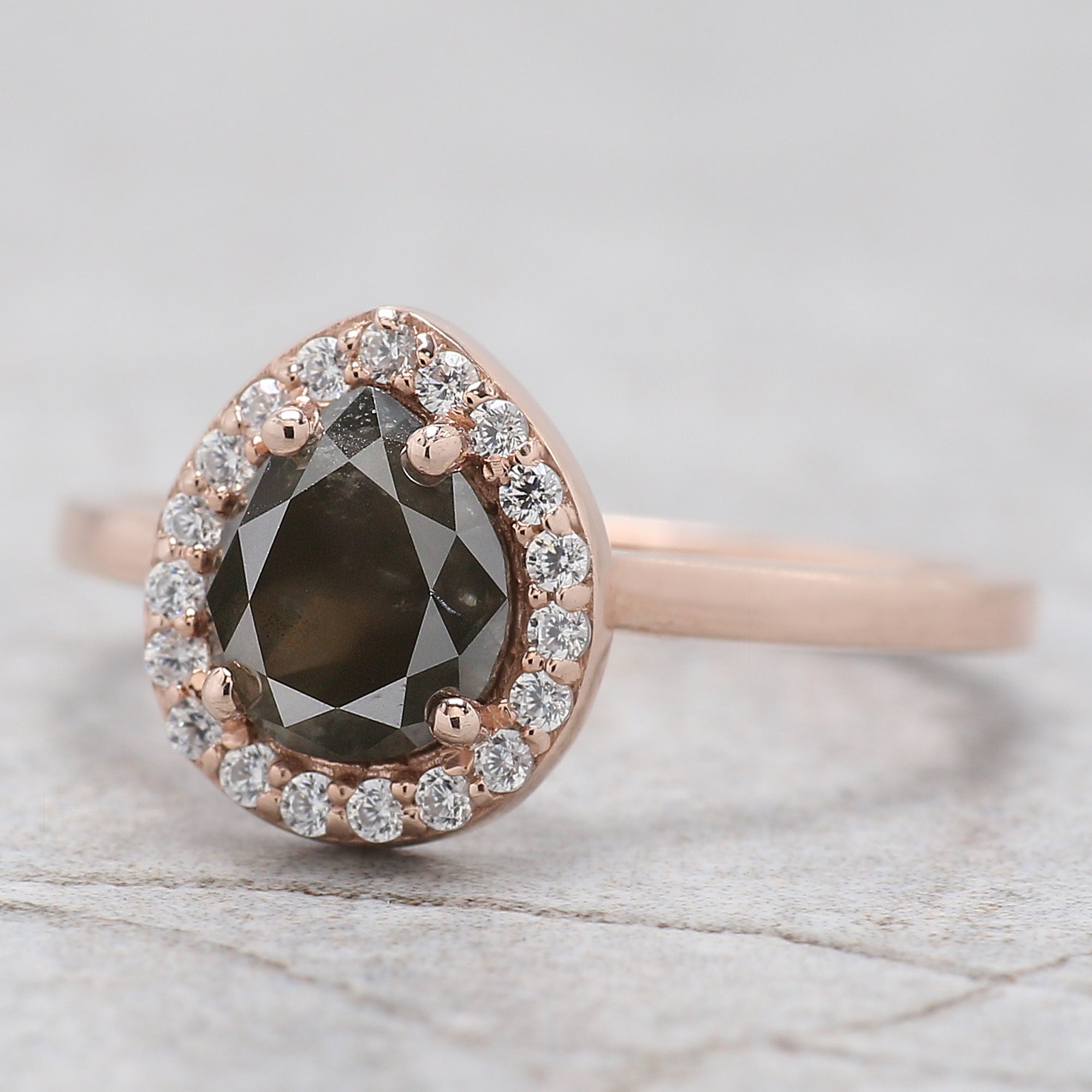 Pear Cut Salt And Pepper Diamond Ring 1.18 Ct 7.00 MM Pear Diamond Ring 14K Solid Rose Gold Silver Pear Engagement Ring Gift For Her QL1653