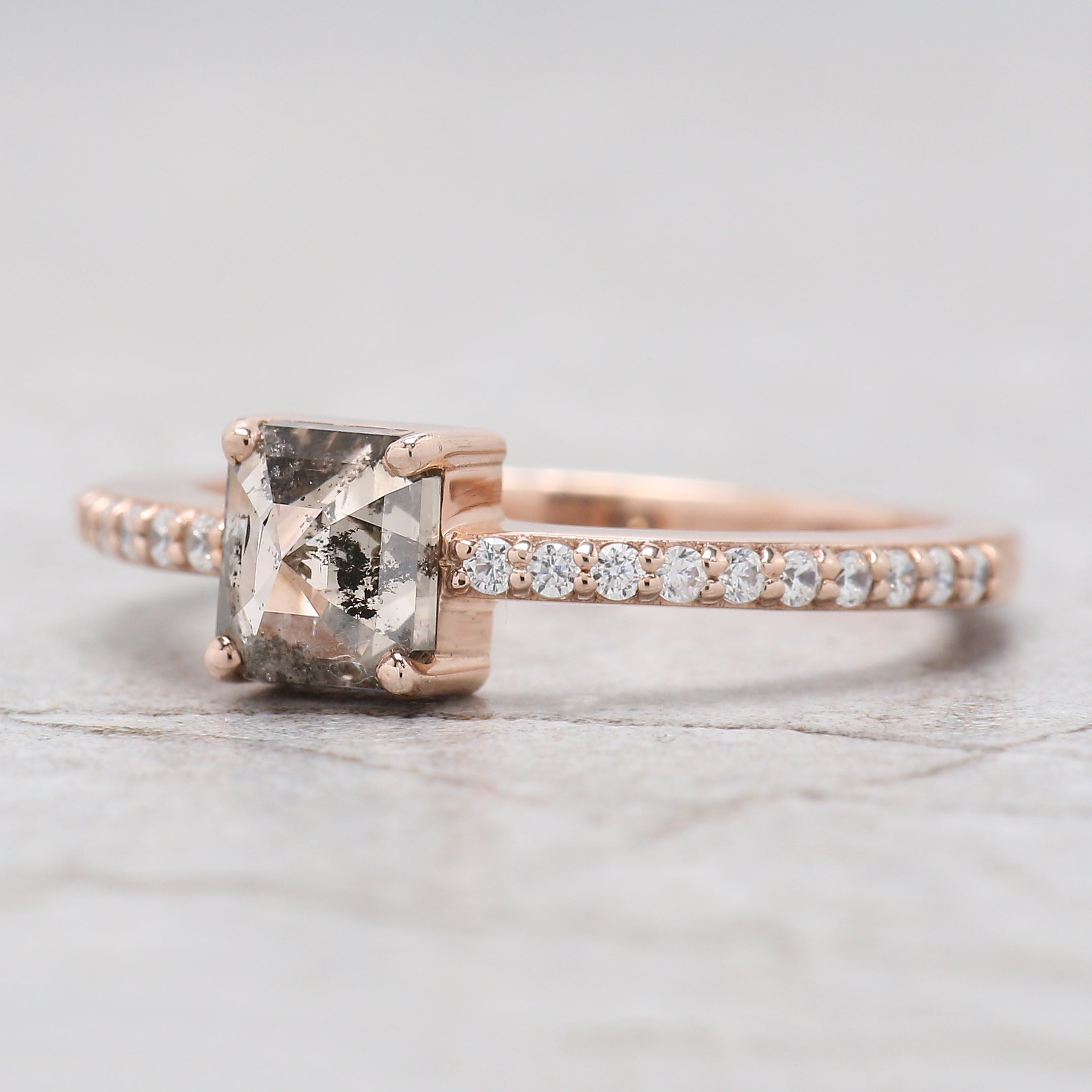 Emerald Cut Salt And Pepper Diamond Ring 0.87 Ct 5.60 MM Emerald Diamond Ring 14K Solid Rose Gold Silver Engagement Ring Gift For Her QL9510