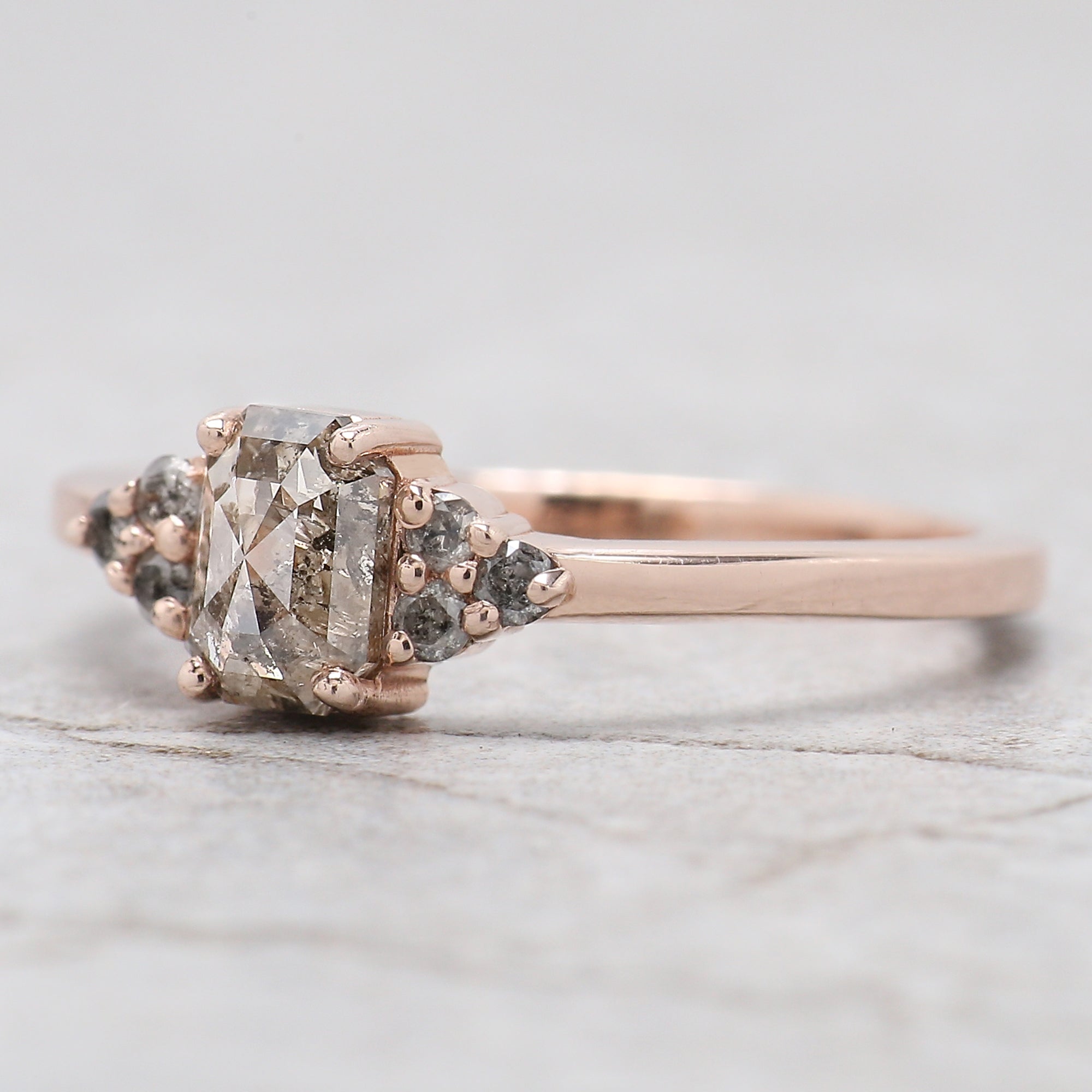 0.75 Ct Natural Emerald Cut Salt And Pepper Diamond Ring 5.95 MM Emerald Diamond Ring 14K Solid Rose Gold Silver Engagement Ring QL9987