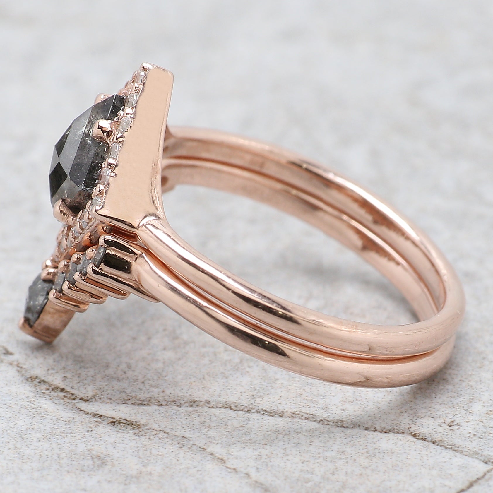 Kite Cut Salt And Pepper Diamond Ring 0.88 Ct 7.79 MM Kite Diamond Ring 14K Solid Rose Gold Silver Kite Engagement Ring Gift For Her QL2107