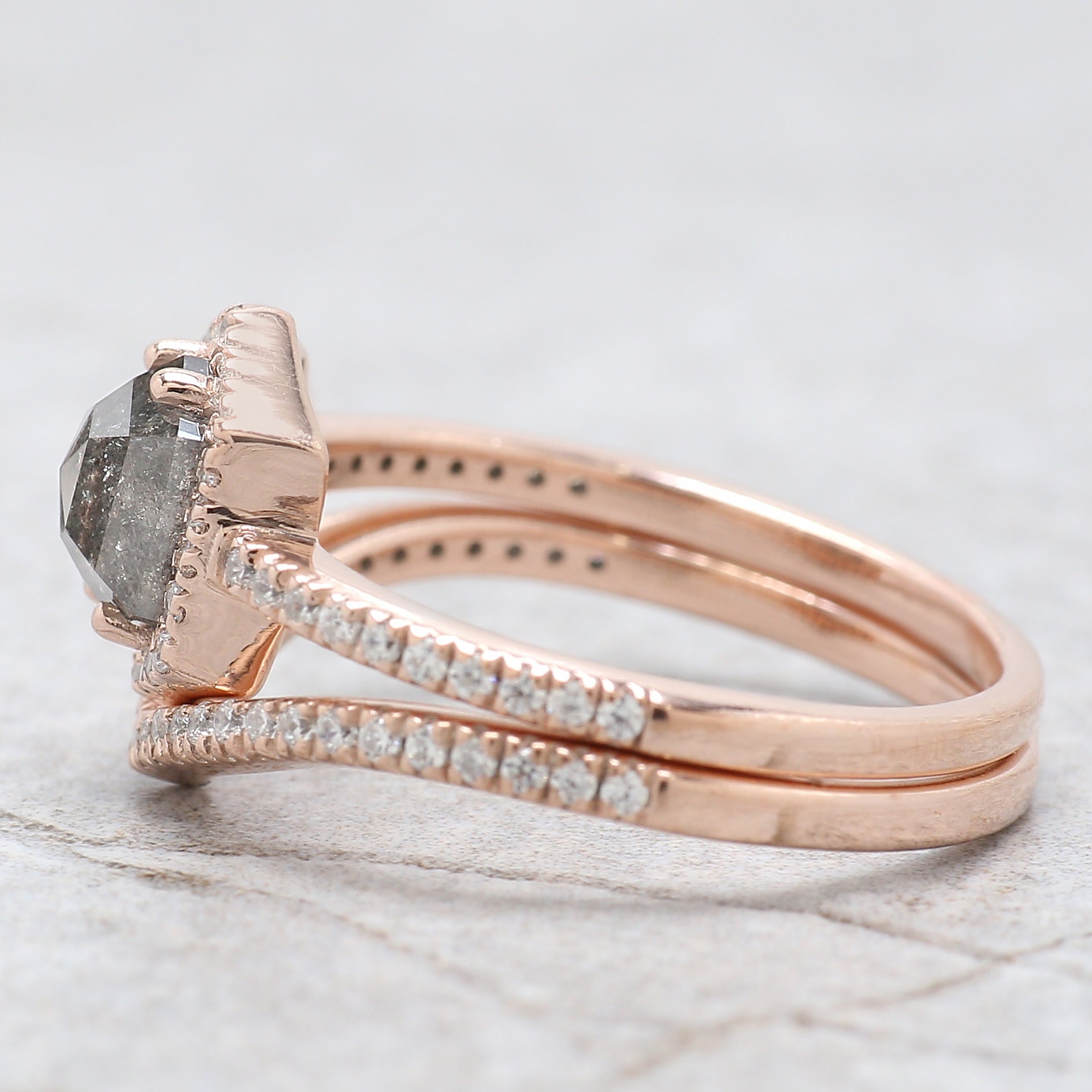 Hexagon Cut Salt And Pepper Diamond Ring 1.00 Ct 6.43 MM Hexagon Cut Diamond Ring 14K Rose Gold Silver Engagement Ring Gift For Her QL2077
