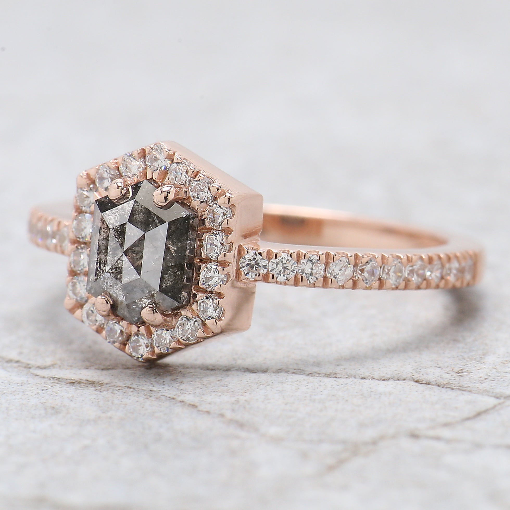 Hexagon Salt And Pepper Diamond Ring 0.80 Ct 6.30 MM Hexagon Cut Diamond Ring 14K Solid Rose Gold Silver Engagement Ring Gift For Her QN1135