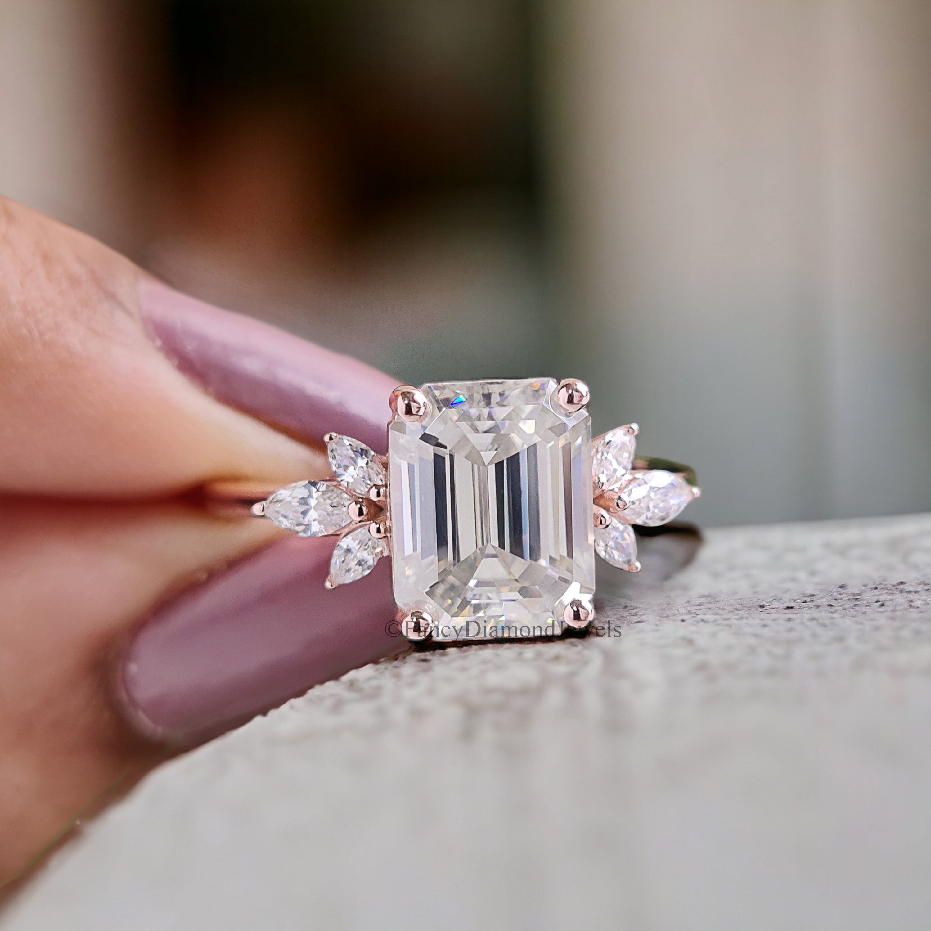 Emerald cut Moissanite engagement ring vintage Unique rose gold Marquise cut diamond Cluster engagement ring women wedding Bridal gift FD176