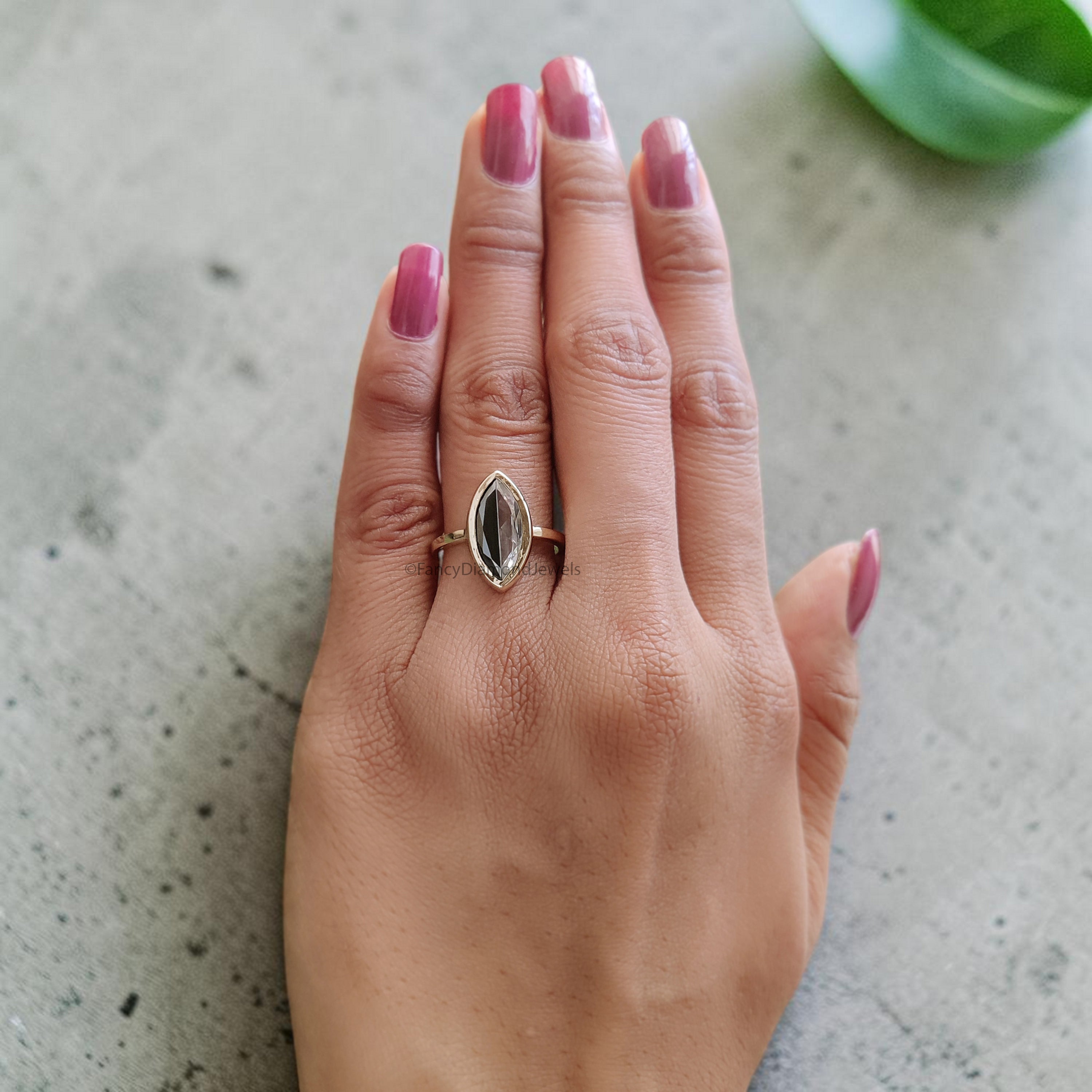 Marquise Cut Half Black White Moissanite Ring, Bezel Set Solitaire Engagement Ring, Yellow Gold Promise Ring, Minimalist Wedding Ring FD552
