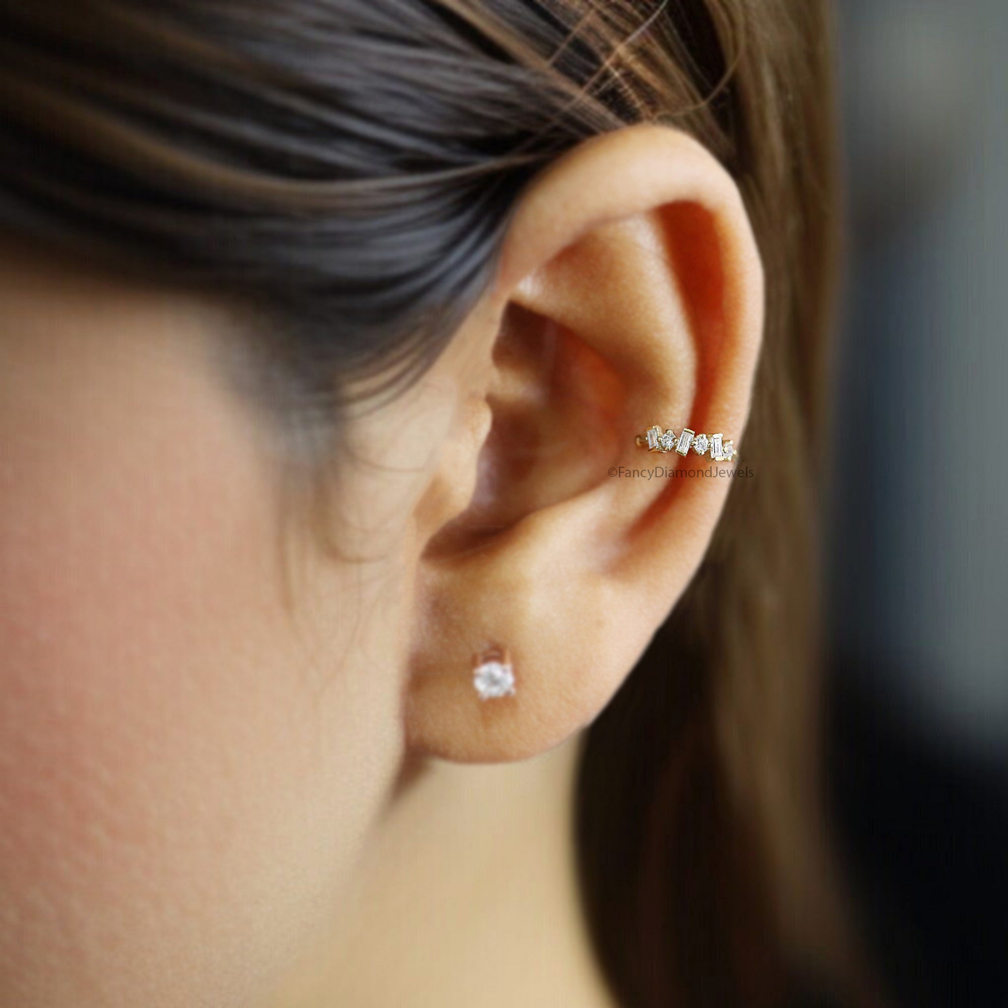 Dainty Baguette & Round Brilliant Cut Colorless Moissanite Diamond Ear Cuff Conch Ear Cuff Yellow Gold Ear Wrap FD329