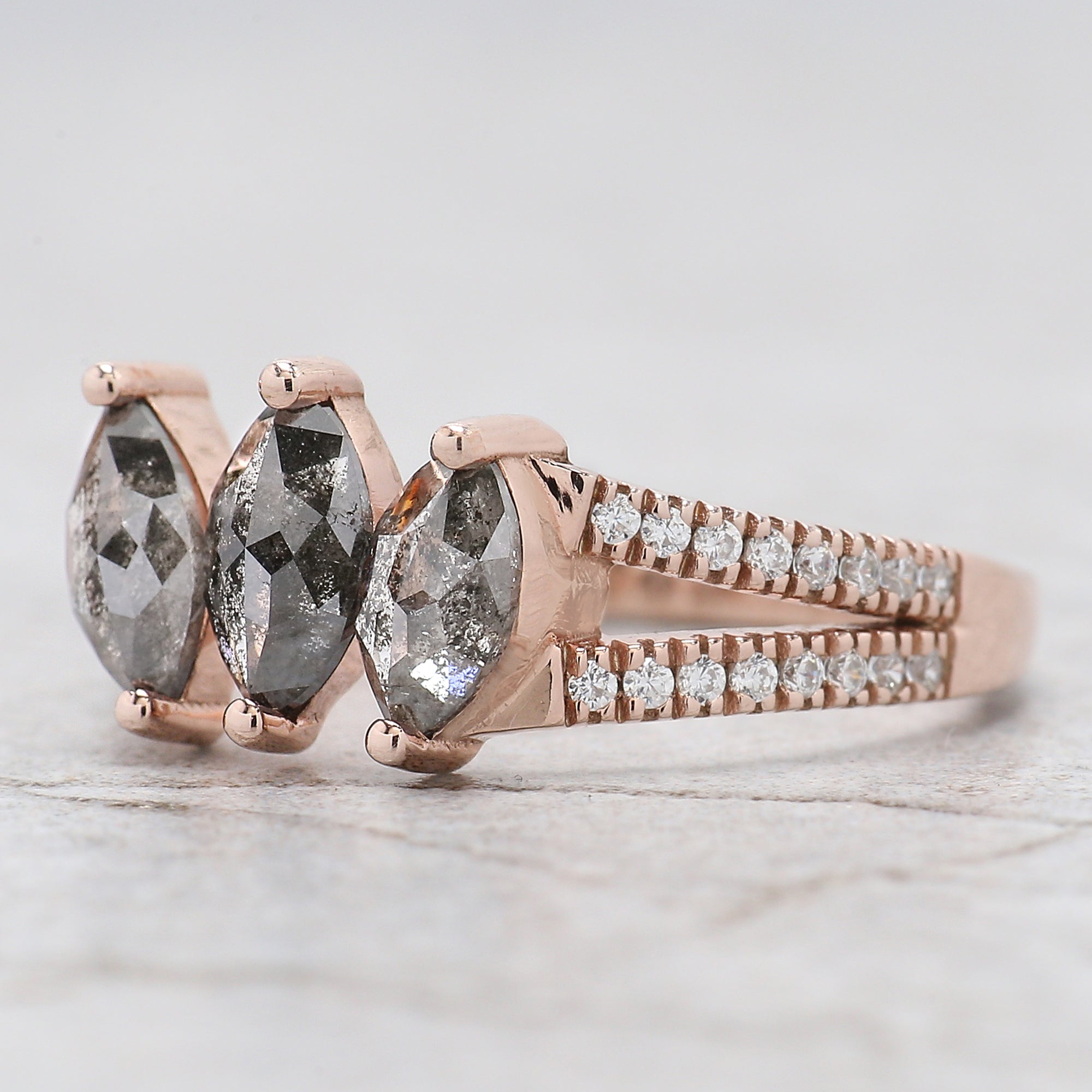 Marquise Cut Salt And Pepper Diamond Ring 0.97 Ct 6.76 MM Marquise Diamond Ring 14K Rose Gold Silver Engagement Ring Gift For Her QL2559