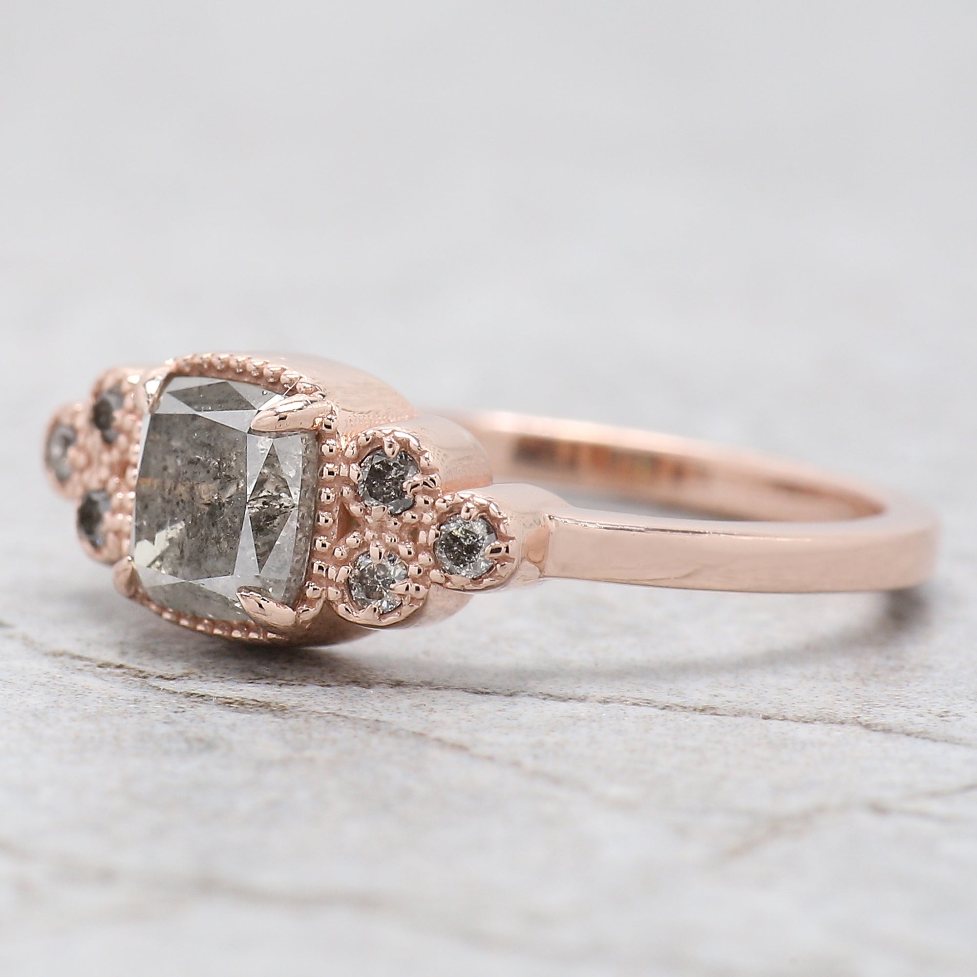 Cushion Cut Salt And Pepper Diamond Ring 0.95 Ct 5.60 MM Cushion Diamond Ring 14K Solid Rose Gold Silver Engagement Ring Gift For Her QN794