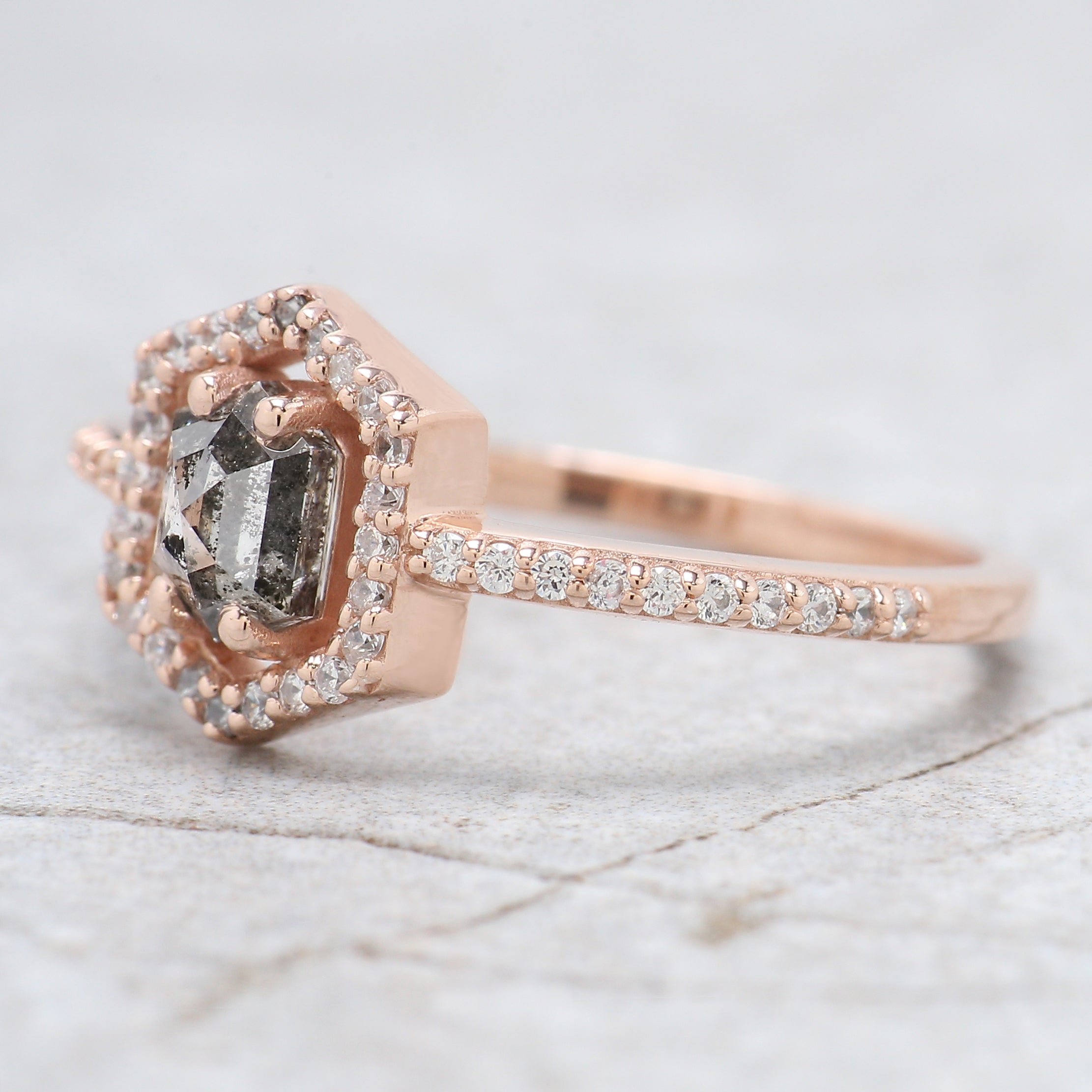 0.57 Ct Natural Hexagon Salt And Pepper Diamond Ring 5.40 MM Hexagon Shape Diamond Ring 14K Solid Rose Gold Silver Engagement Ring QN747