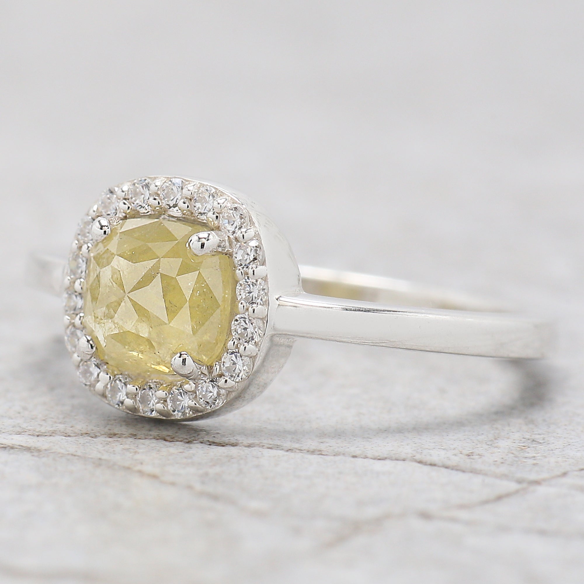 Cushion Yellow Color Diamond Ring 0.81 Ct 5.65 MM Cushion Shape Diamond Ring 14K Solid White Gold Silver Engagement Ring Gift For Her QL9098