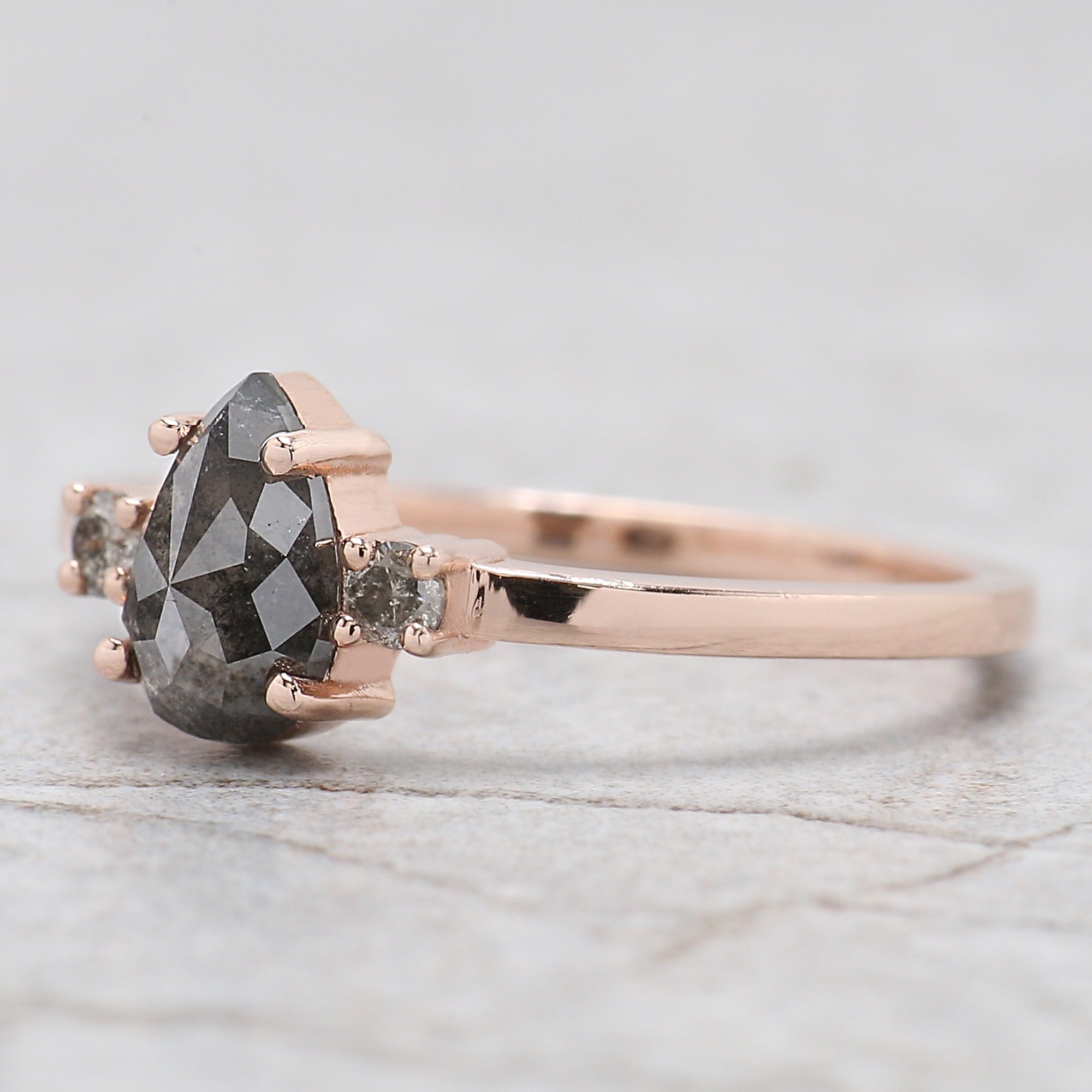 0.82 Ct Natural Pear Cut Salt And Pepper Diamond Ring 7.30 MM Pear Diamond Ring 14K Solid Rose Gold Silver Engagement Ring Pear Ring QL9907