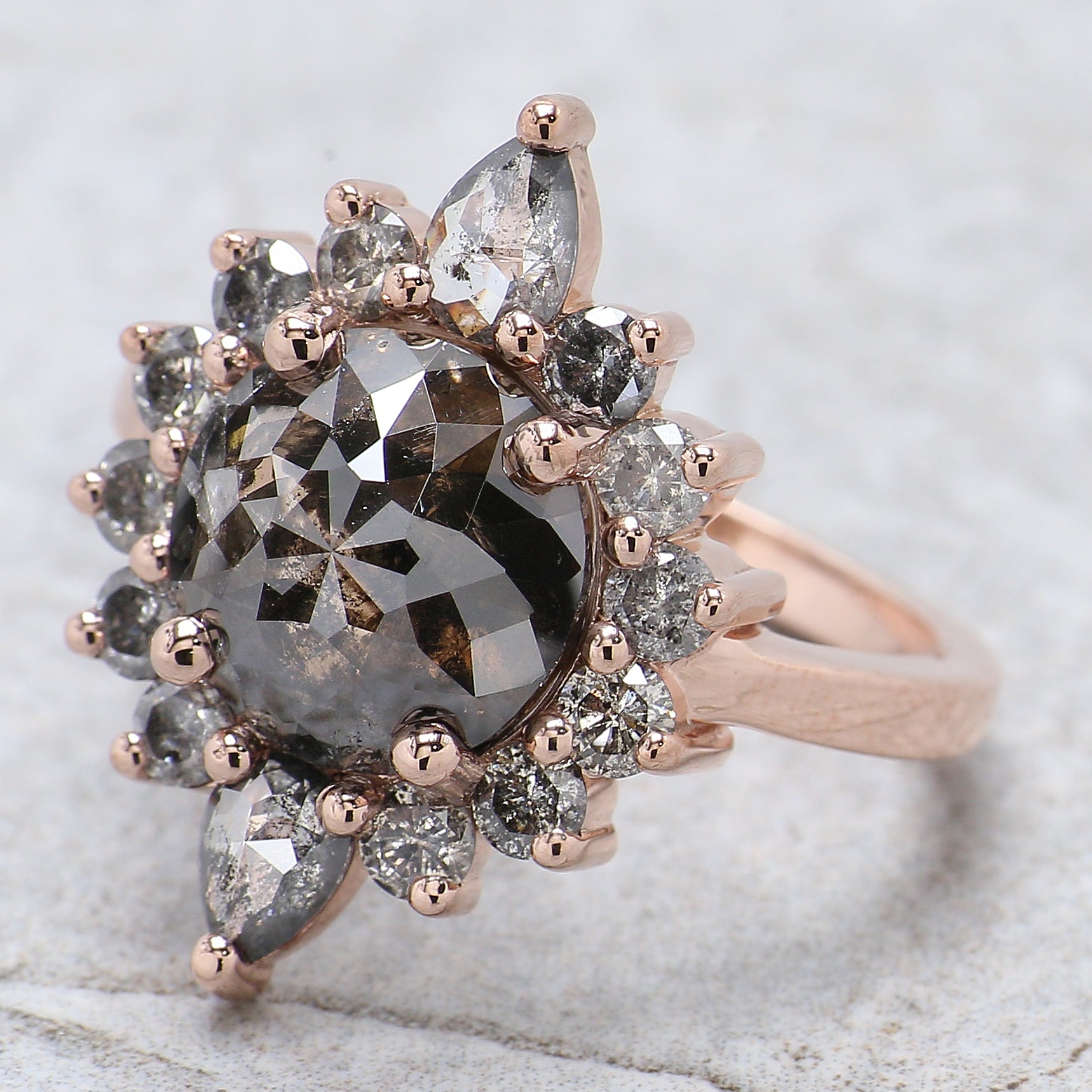 Round Rose Cut Salt And Pepper Diamond Ring 4.20 Ct 9.90 MM Round Diamond Ring 14K Rose Gold Silver Engagement Ring Gift For Her QL8509