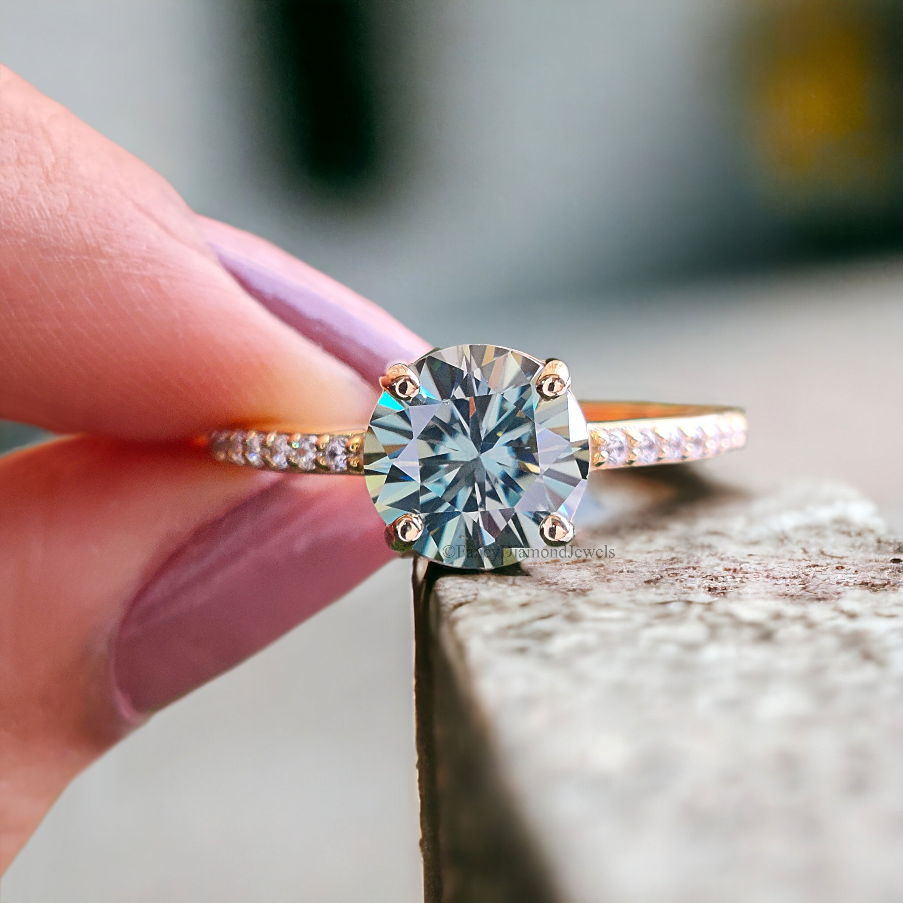 1.65 CT Round Blue Moissanite Engagement Ring Pave Wedding Ring Teal Moissanite Ring Anniversary Gift Best Proposal Ring Gift Ring FD155