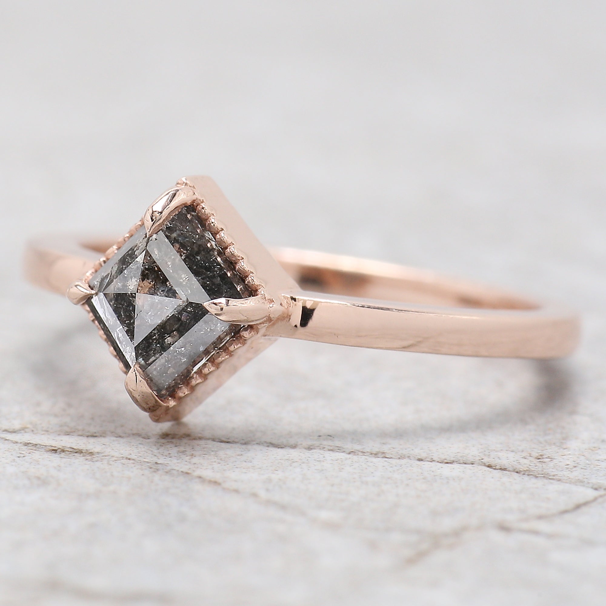 Kite Cut Salt And Pepper Diamond Ring 0.88 Ct 7.18 MM Kite Diamond Ring 14K Solid Rose Gold Silver Kite Engagement Ring Gift For Her QL2026