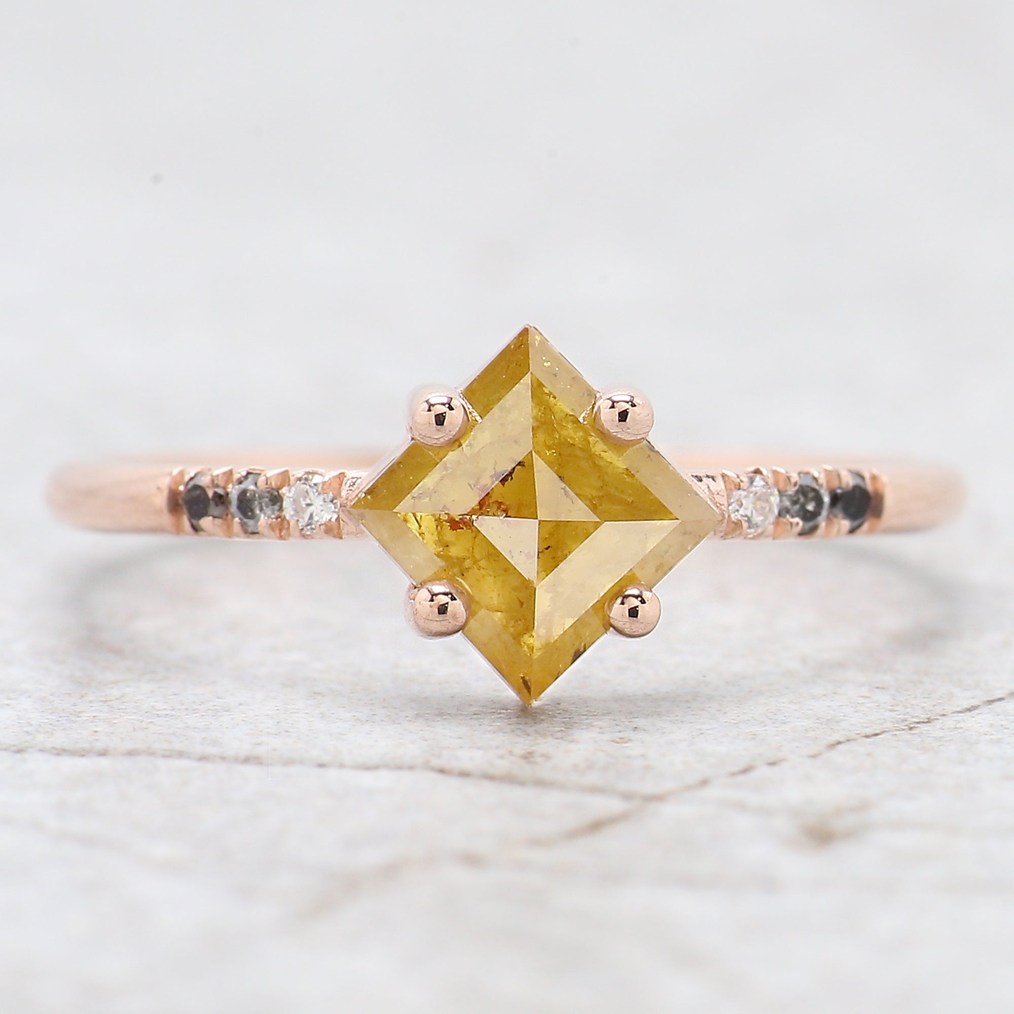 0.93 Ct Natural Kite Shape Yellow Color Diamond Ring 7.55 MM Kite Yellow Diamond Ring 14K Solid Rose Gold Silver Engagement Ring Set QN635