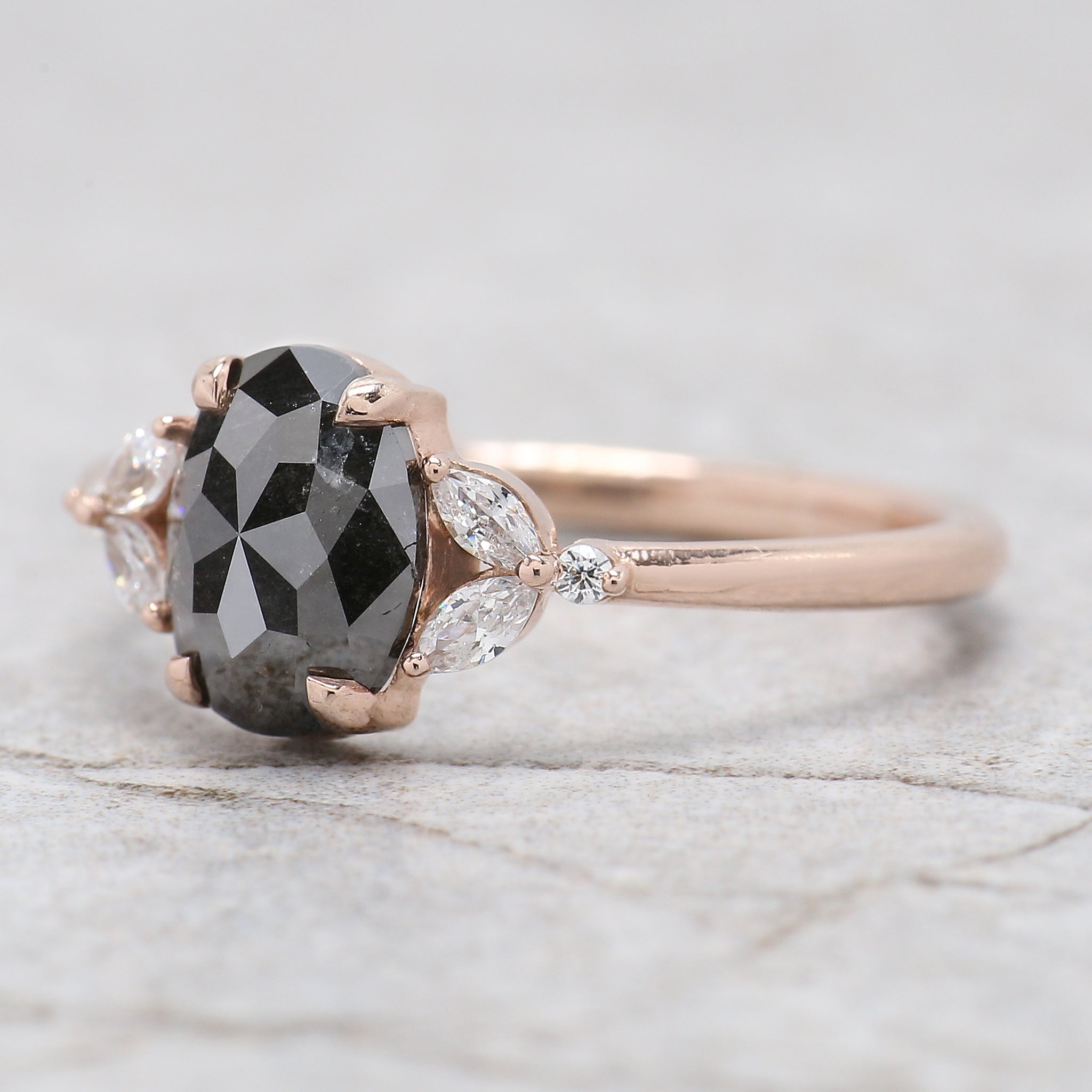 Oval Cut Salt And Pepper Diamond Ring 1.49 Ct 8.03 MM Oval Diamond Ring 14K Solid Rose Gold Silver Oval Engagement Ring Gift For Her QL2889