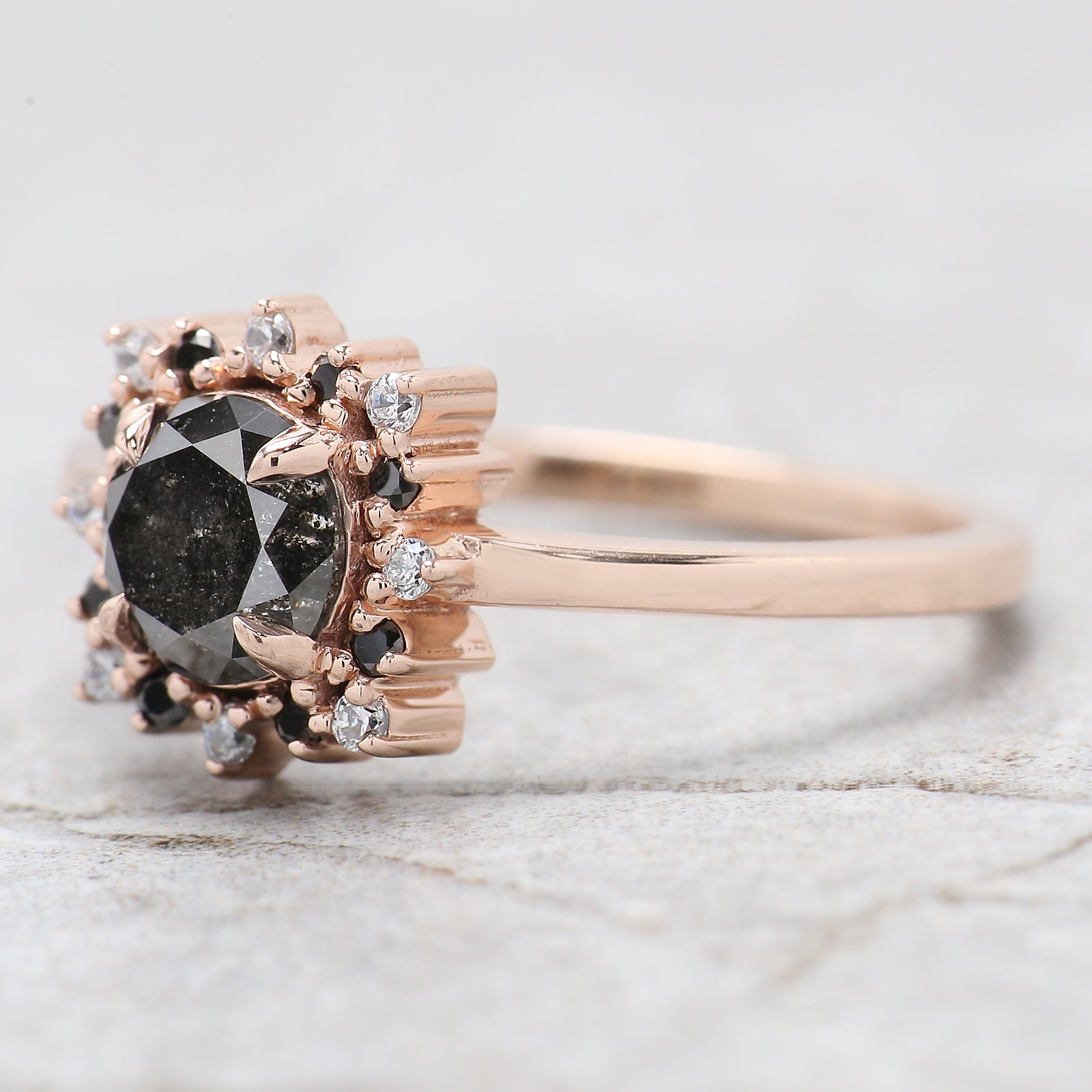 Round Cut Salt And Pepper Diamond Ring 0.83 Ct 5.69 MM Round Diamond Ring 14K Solid Rose Gold Silver Engagement Ring Gift For Her QL2168