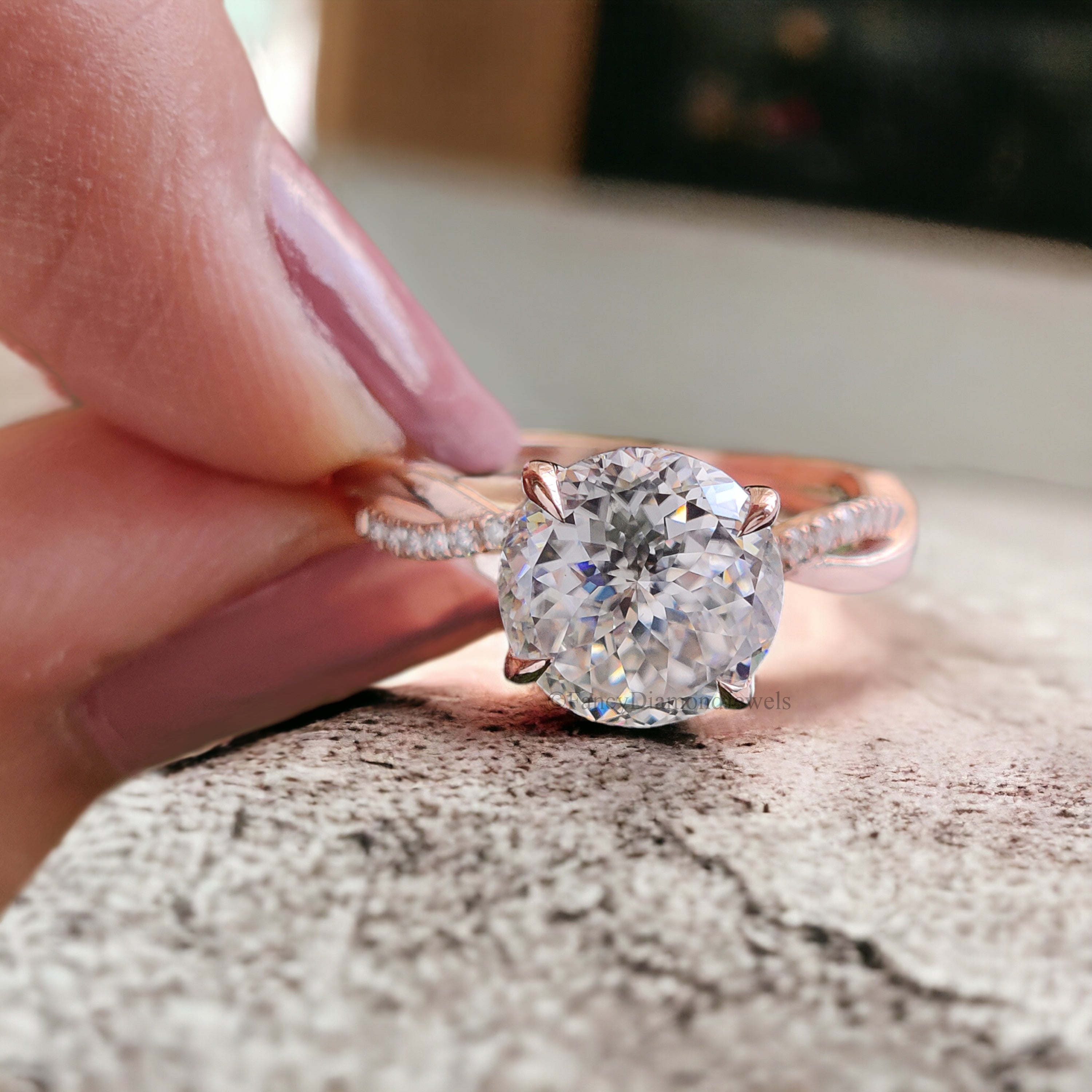 Unique Moissanite Ring 2.15 TW Portuguese Cut Colorless Moissanite Engagement Ring Wedding Ring Twisted Band Claw Prong Ring for Women FD135