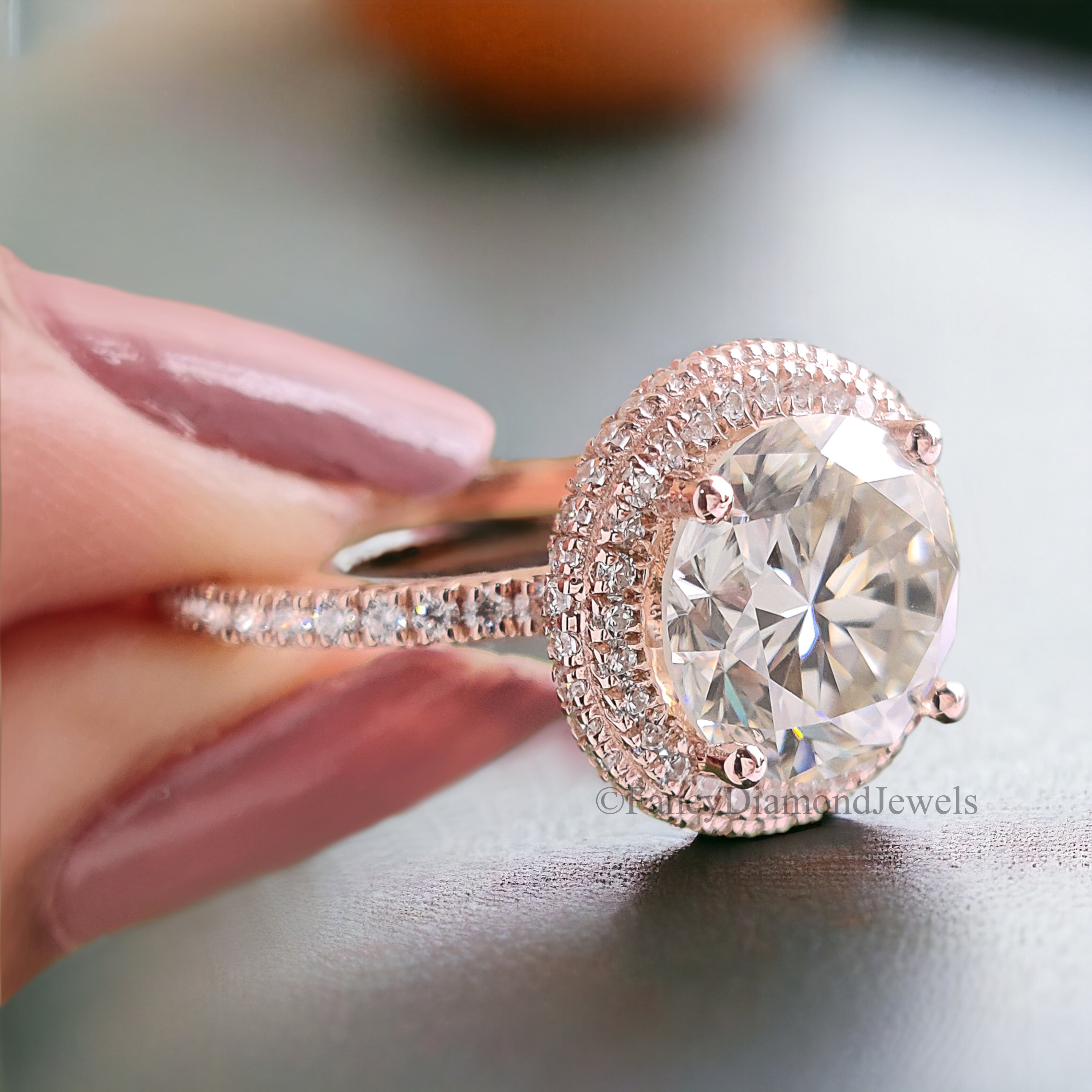 3.25 TW Round Brilliant Cut Colorless Moissanite Ring Halo Engagement Ring Wedding Ring Hidden Halo Ring Anniversary Gift Ring for Her FD219