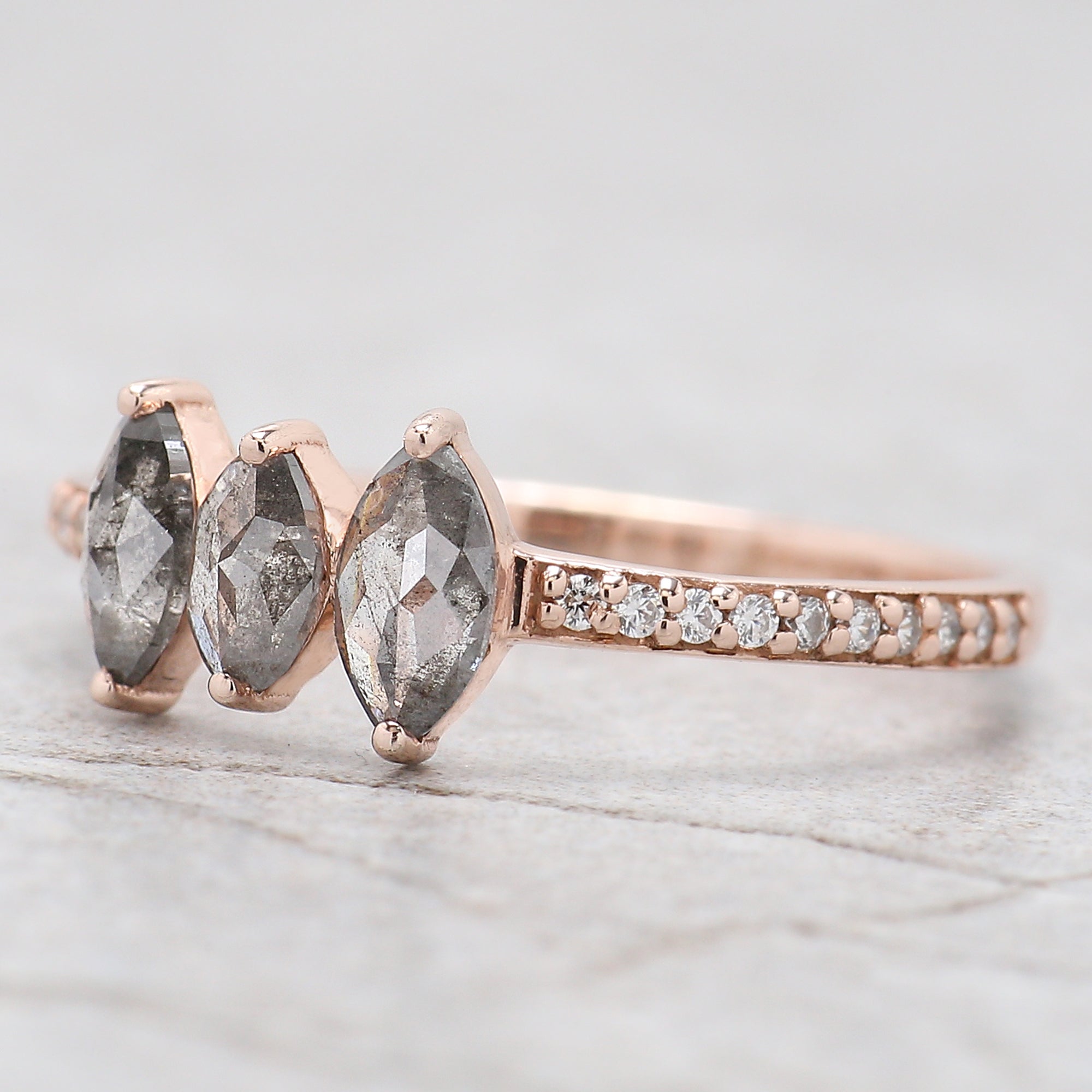 Marquise Cut Salt And Pepper Diamond Ring 0.55 Ct 6.05 MM Marquise Diamond Ring 14K Solid Rose Gold Engagement Ring Gift For Her QL2458