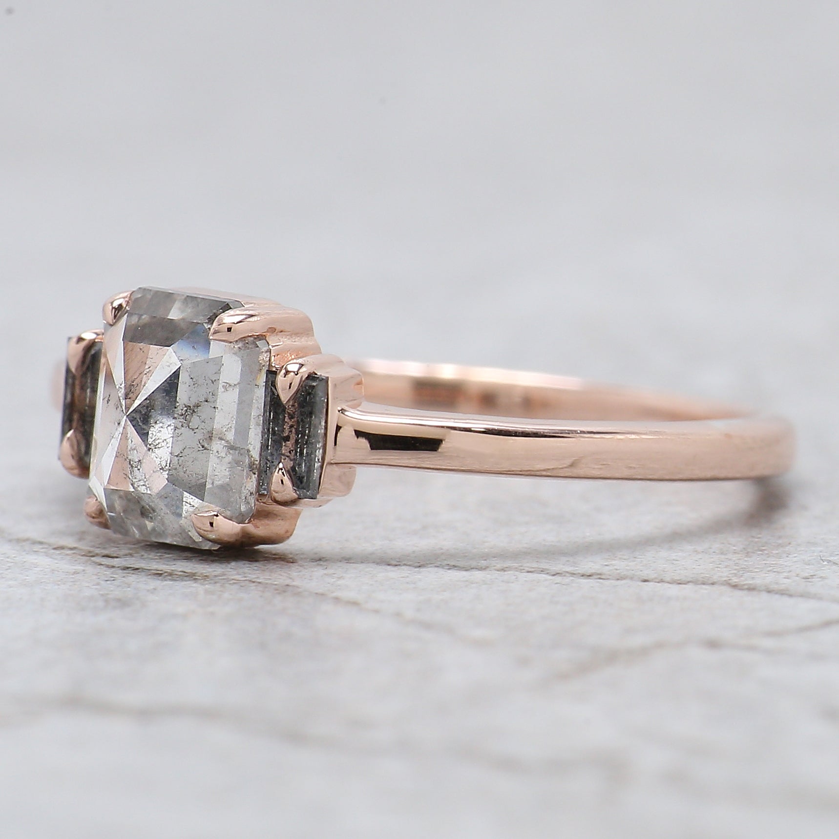 Emerald Cut Salt And Pepper Diamond Ring 0.95 Ct 6.45 MM Emerald Diamond Ring 14K Solid Rose Gold Silver Engagement Ring Gift For Her QL2745