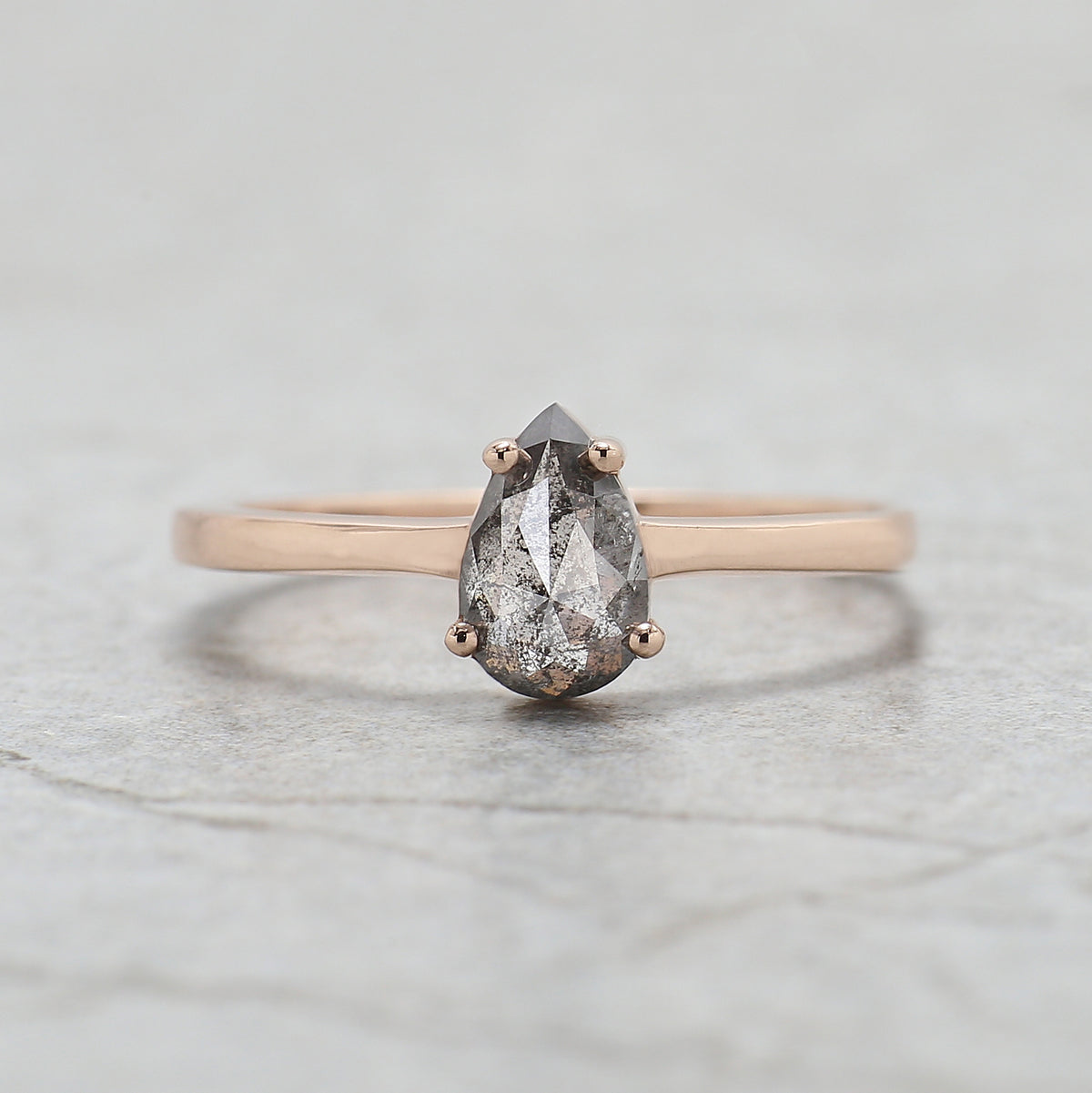 Pear Shape Salt and Pepper Diamond Ring, 14K Rose Gold Pear Cut Engagement Ring, Bridal Ring Set, Unique Diamond Ring Gift for Her KDN2625