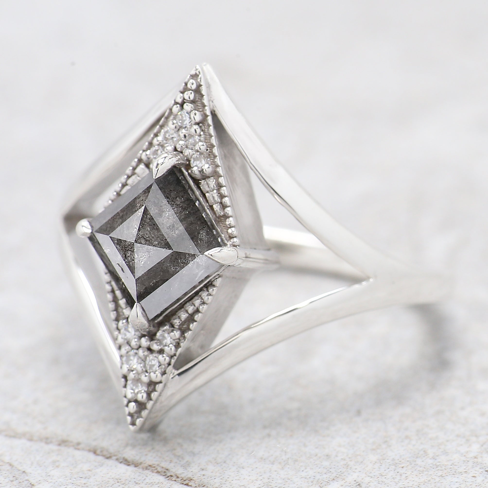 Kite Cut Salt And Pepper Diamond Ring 0.97 Ct 8.09 MM Kite Diamond Ring 14K Solid Rose Gold Silver Kite Engagement Ring Gift For Her QL2199