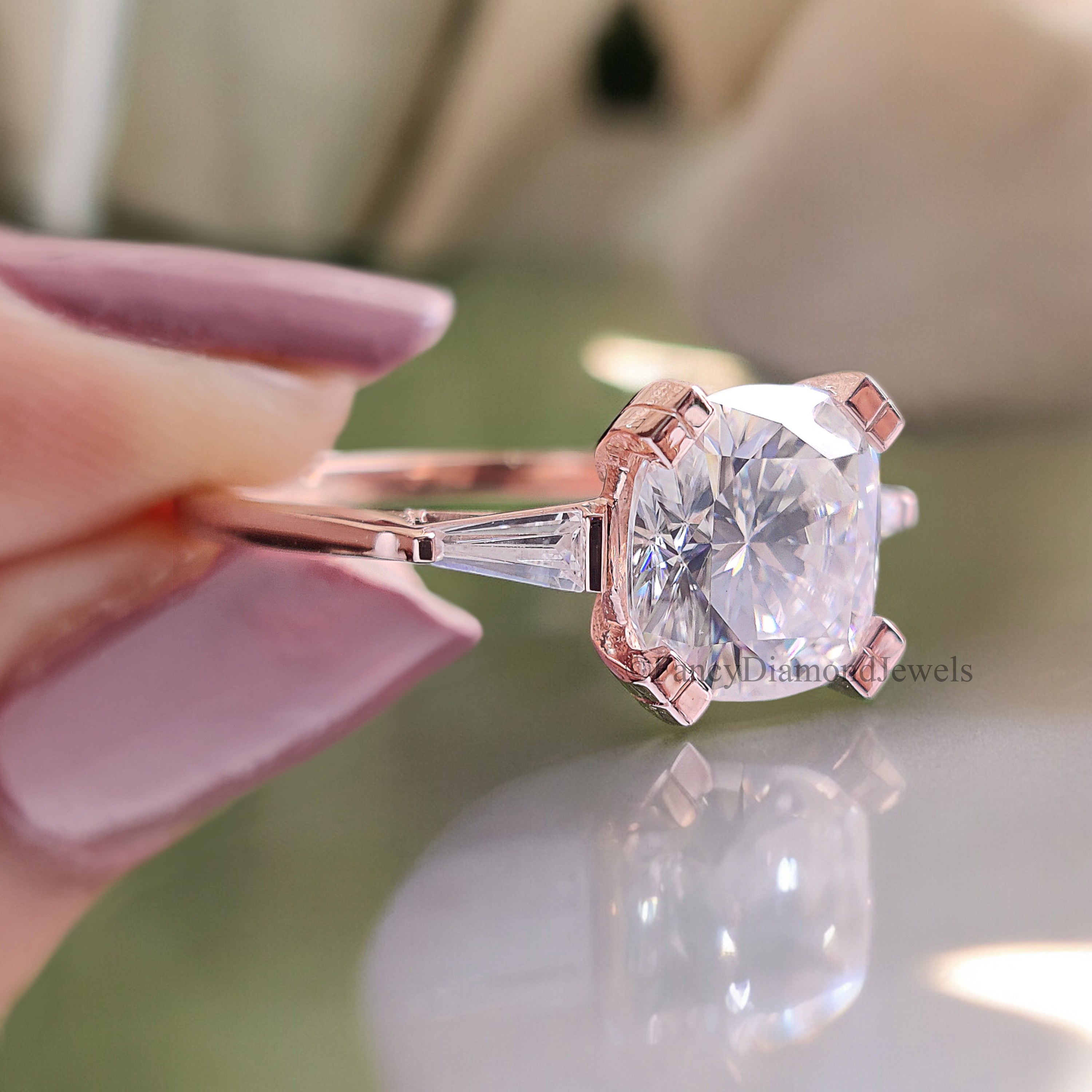 2.30 TW Cushion Cut Colorless Moissanite Ring Side Baguette Three Stone Engagement Ring Wedding Ring Gift For Her Celebrity Style Ring FD202