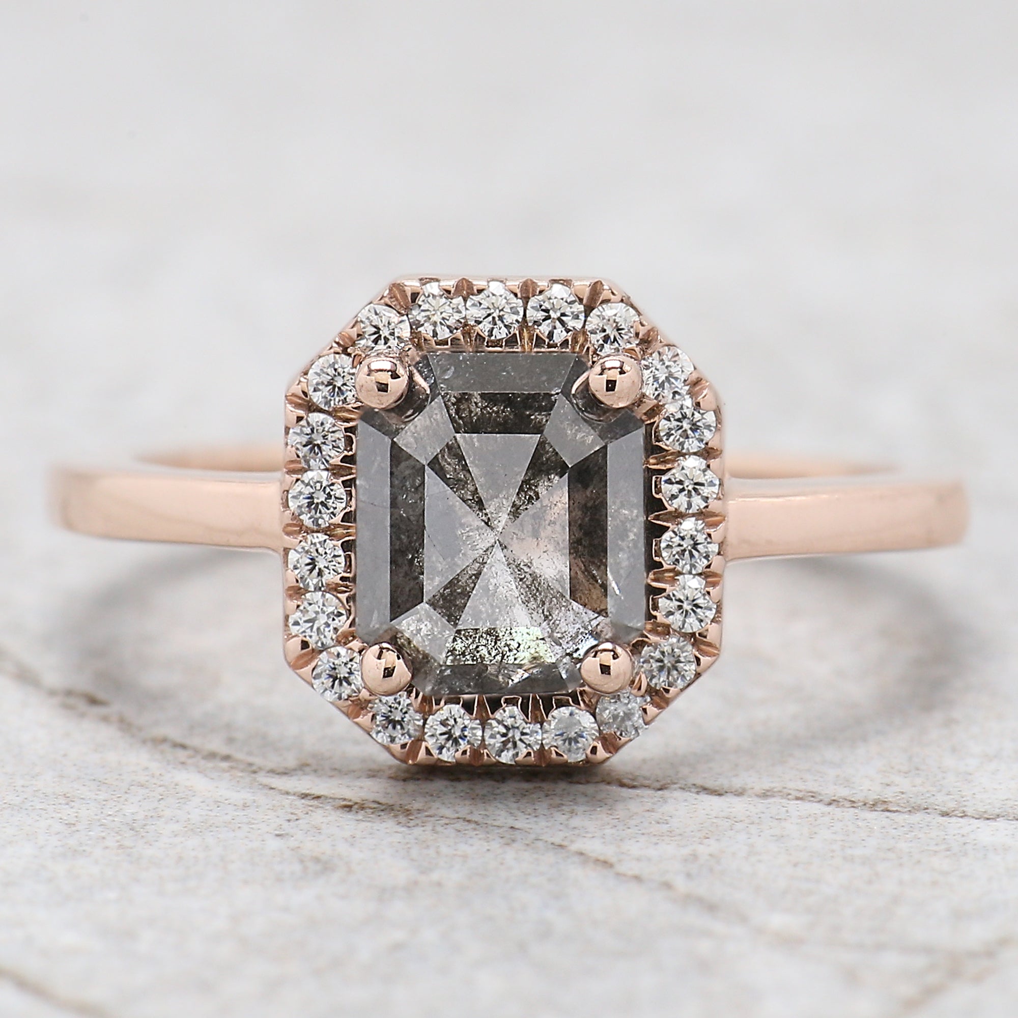 Emerald Cut Salt And Pepper Diamond Ring 1.70 Ct 7.20 MM Emerald Diamond Ring 14K Solid Rose Gold Silver Engagement Ring Gift For Her QL187