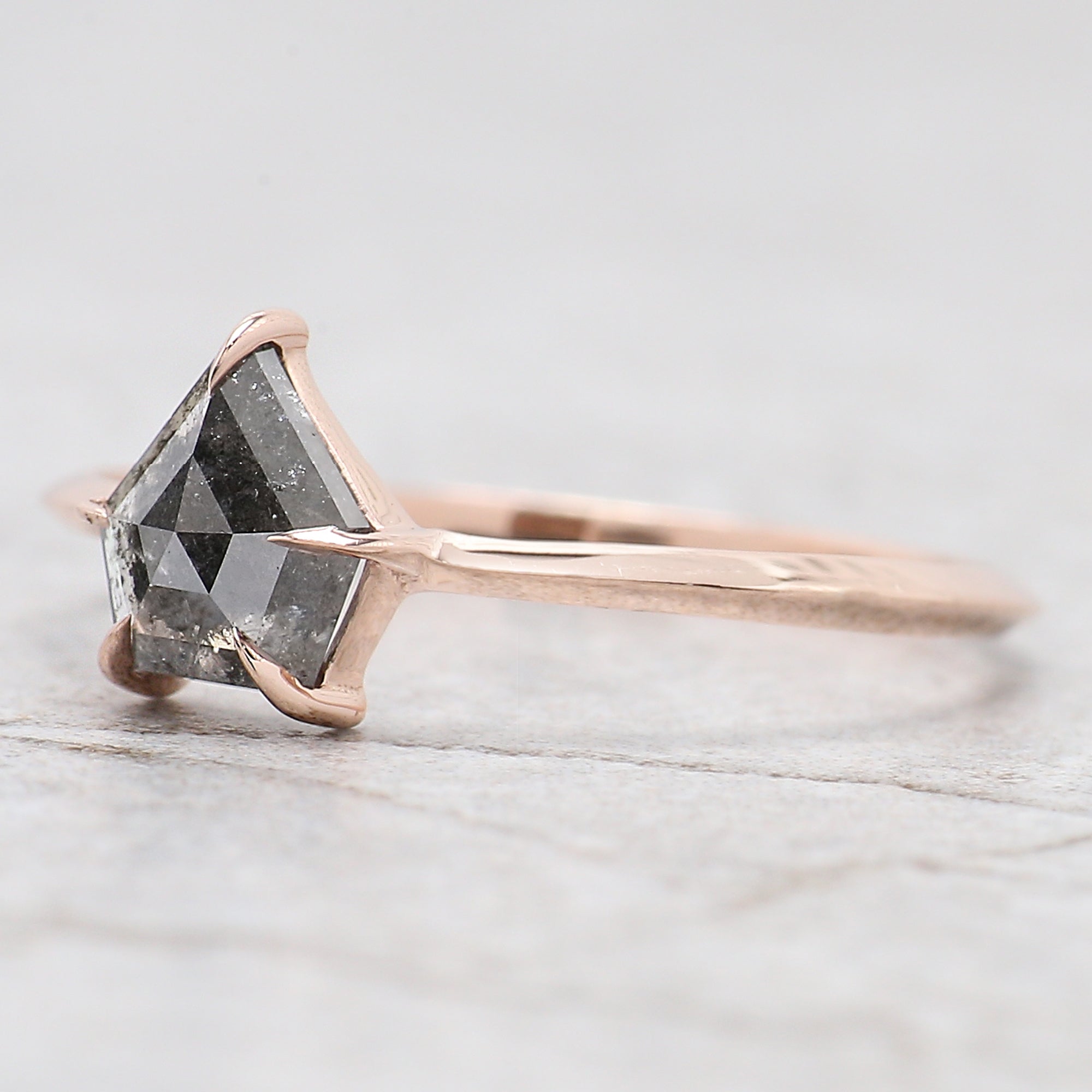 0.80 Ct Natural Shield Shape Salt And Pepper Diamond Ring 6.60 MM Shield Cut Diamond Ring 14K Solid Rose Gold Silver Engagement Ring QL7662