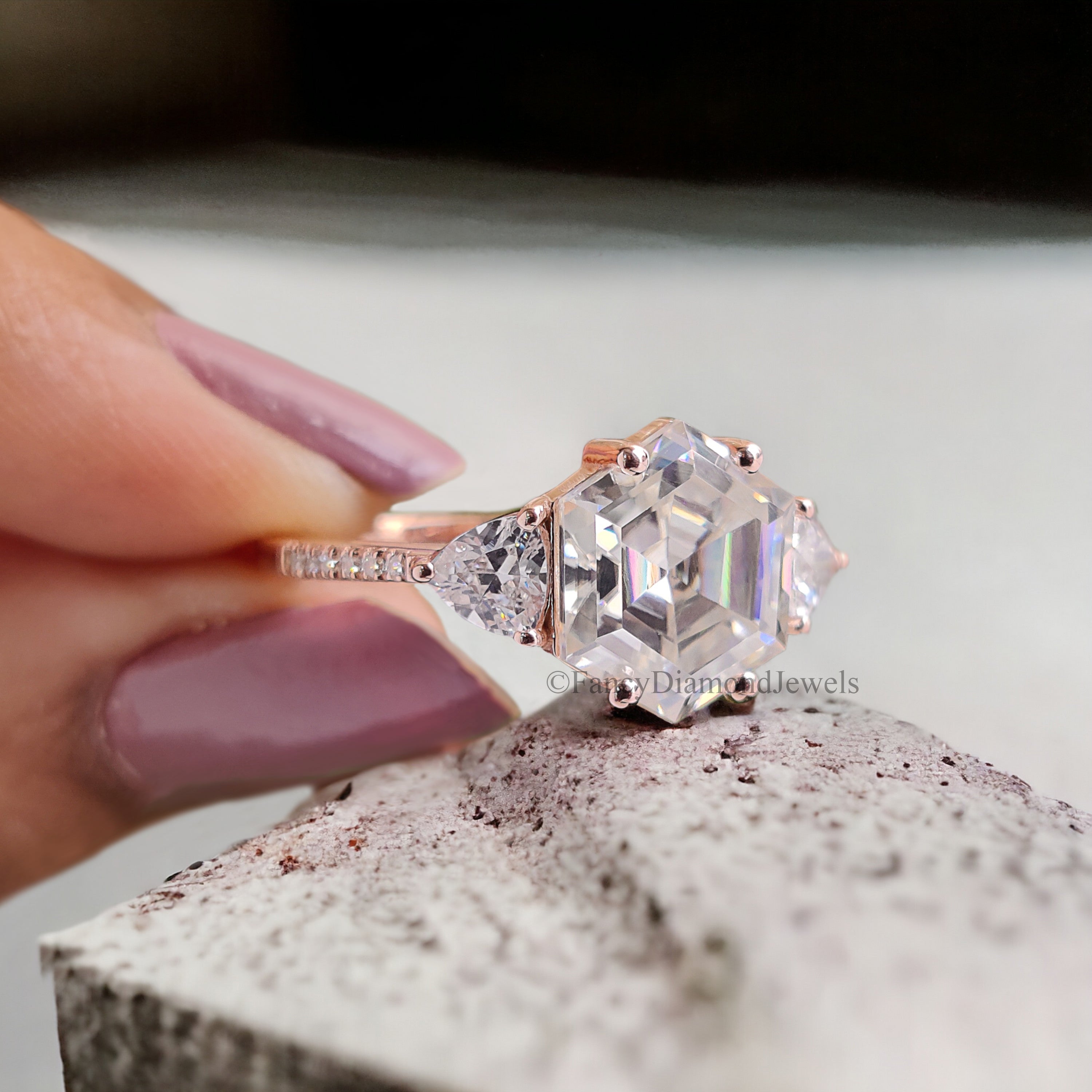 2.95 CT Antique Hexagon Moissanite Engagement Ring Triangle And Round Ring For Gifting Bridal Wedding Ring Anniversary Gift Ring Her FD175