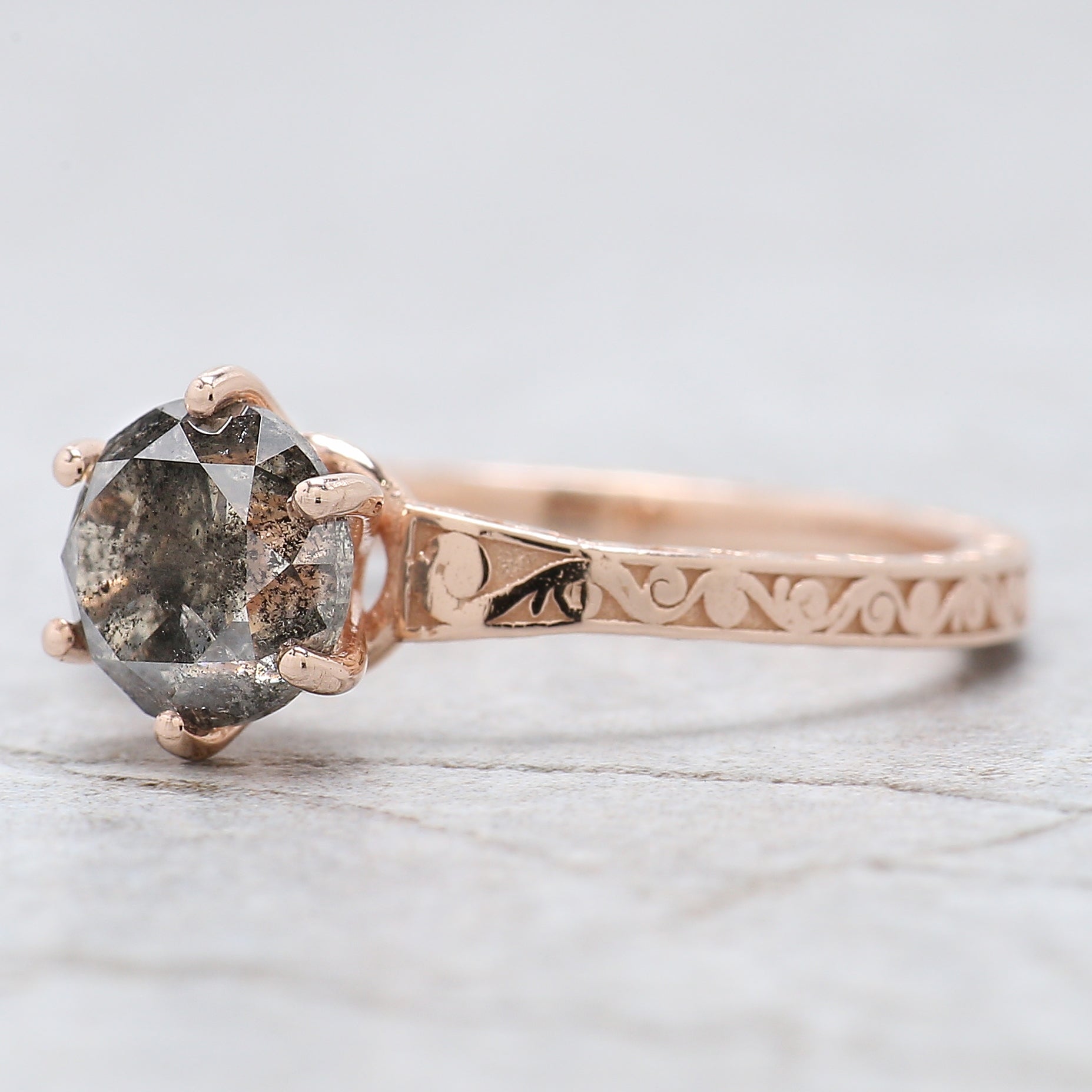 Round Salt And Pepper Diamond Ring 1.51 Ct 6.60 MM Round Cut Diamond Ring 14K Solid Rose Gold Silver Engagement Ring Gift For Her QL8399