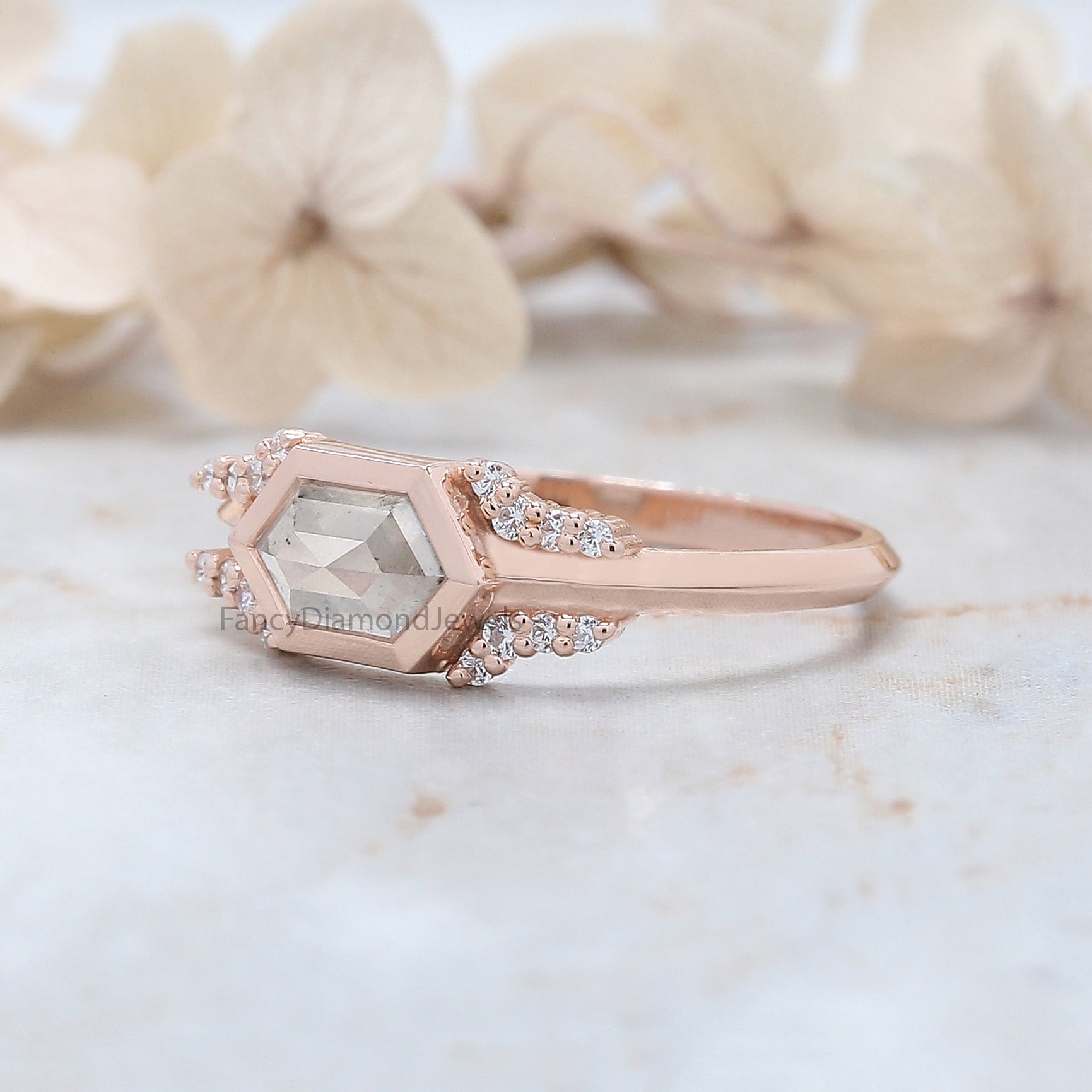 Hexagon Cut Grey Color Diamond Ring 0.88 Ct 7.25 MM Hexagon Shape Diamond Ring 14K Rose Gold Silver Engagement Ring Gift For Her QL212