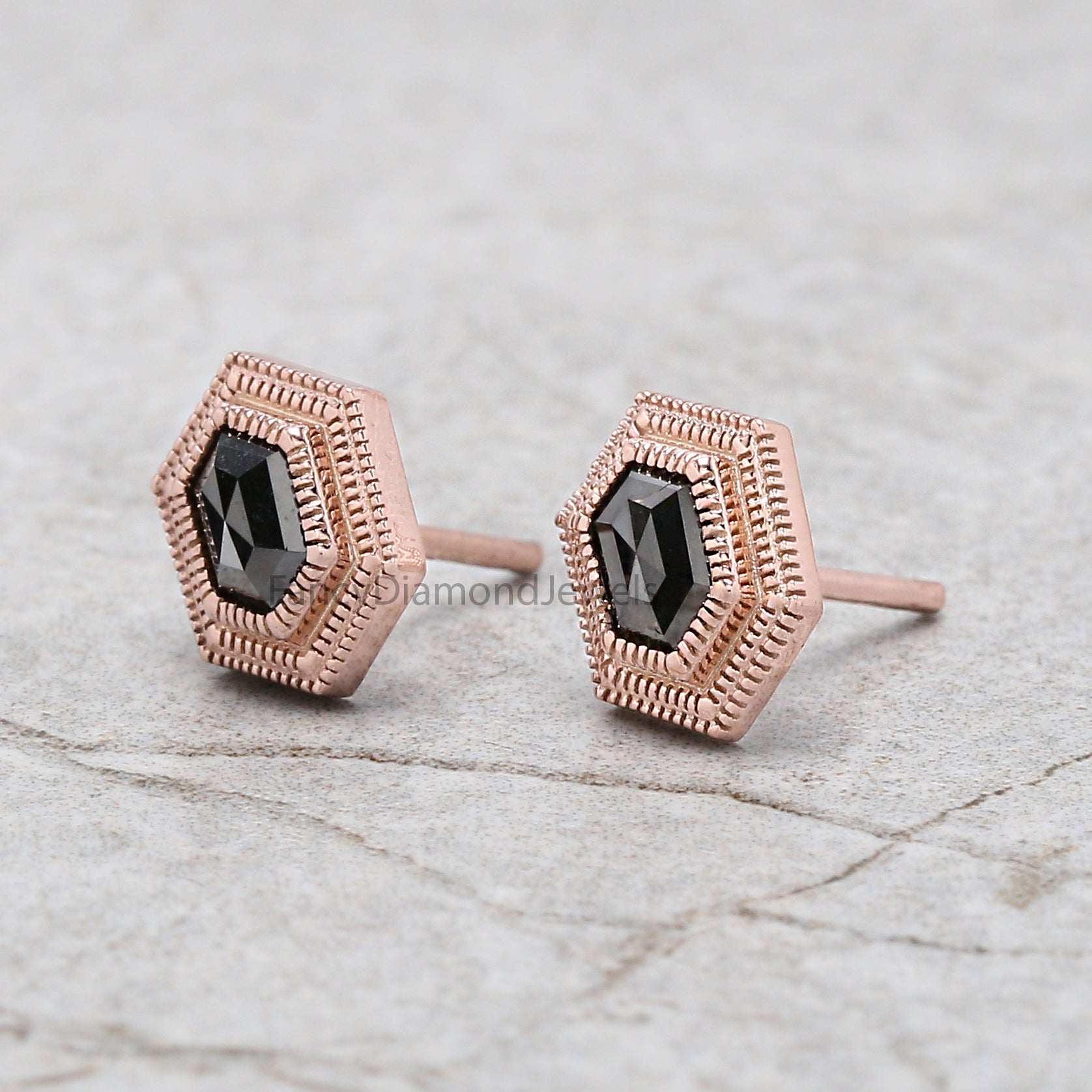 Hexagon Cut Black Diamond Earring 0.67 Ct 5.60 MM Hexagon Diamond Earring 14K Solid Rose Gold Silver Engagement Earring Gift For Her QL2740