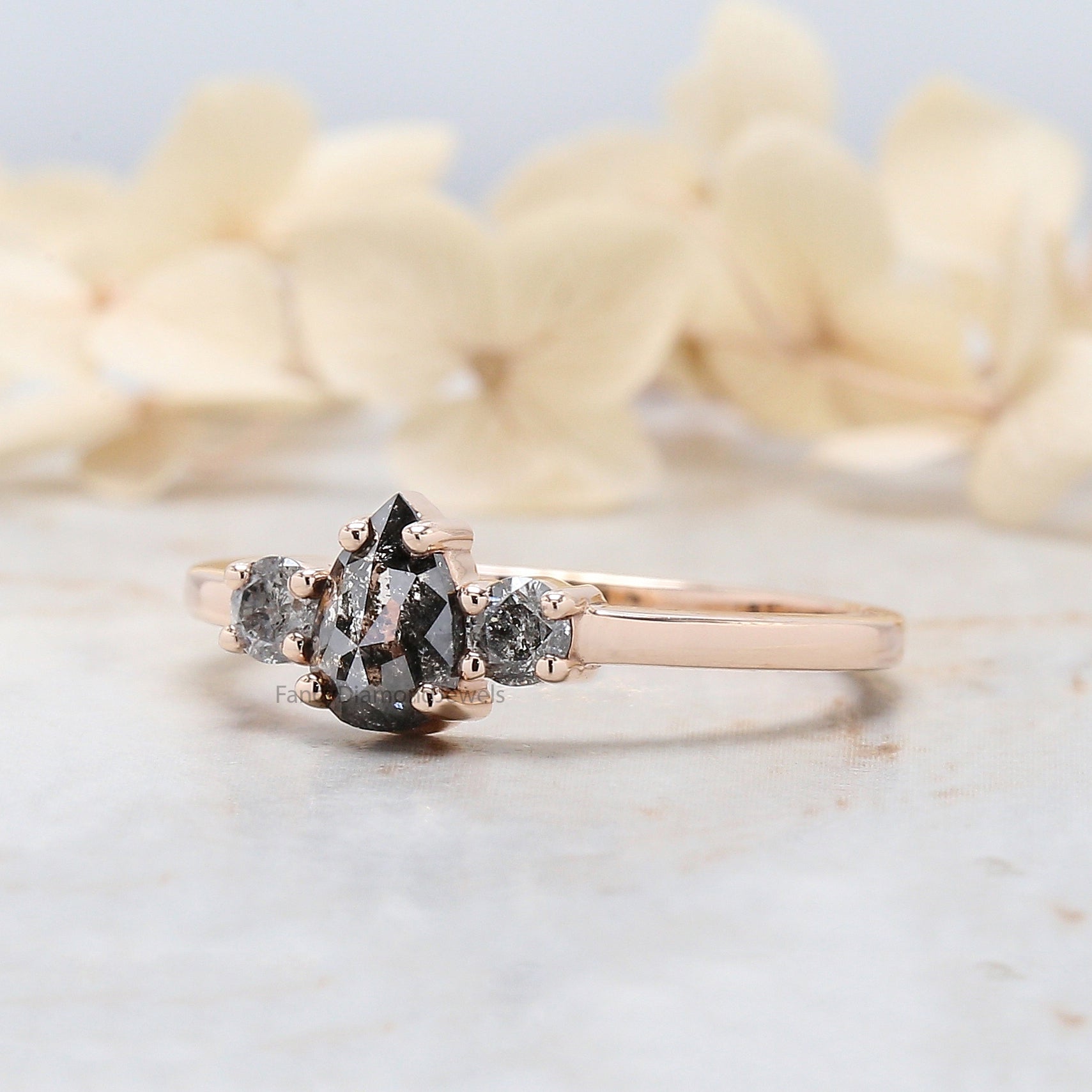 Pear Cut Salt And Pepper Diamond Ring 0.62 Ct 6.67 MM Pear Diamond Ring 14K Solid Rose Gold Silver Pear Engagement Ring Gift For Her QL3026