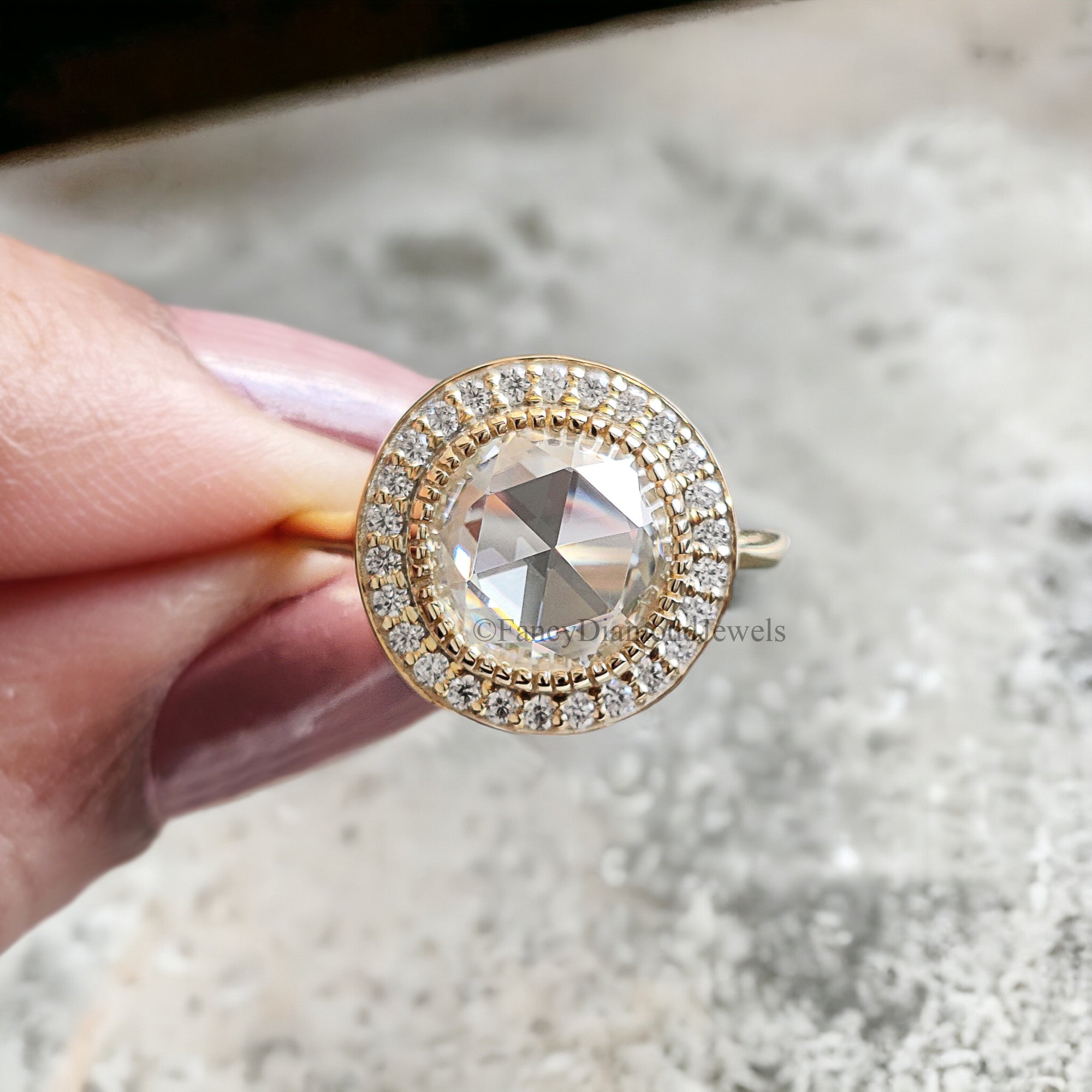 1.70 CT Round Rose Cut Colorless Moissanite Ring Halo With Pave Setting Engagement Ring Wedding Ring Anniversary Ring Bridal Ring FD152