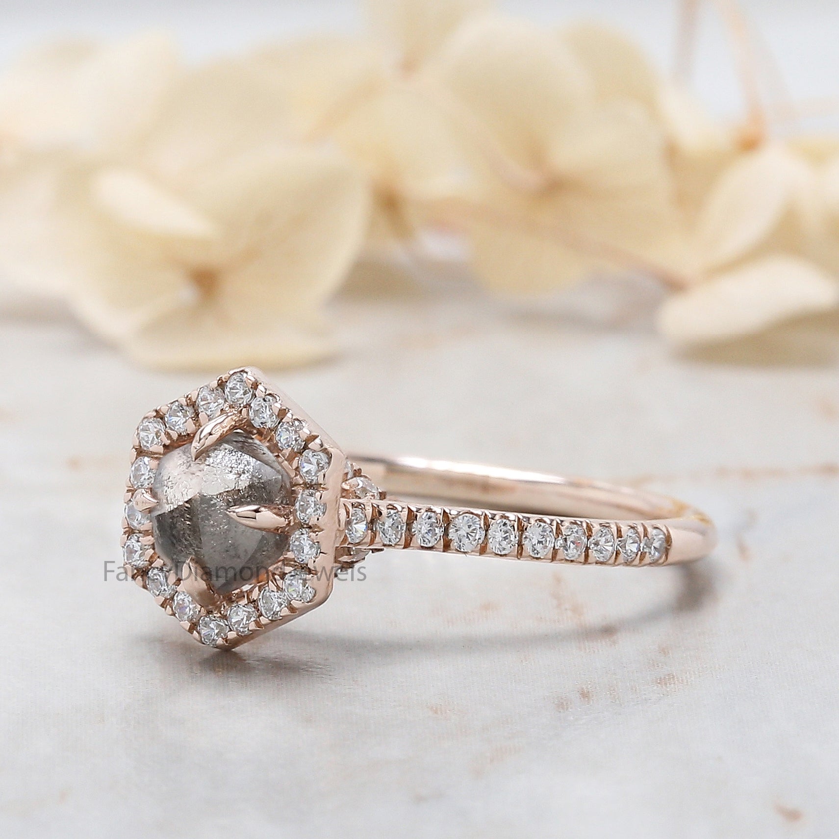 1.15 Ct Natural Rough Salt And Pepper Diamond Ring 6.00 MM Rough Diamond Ring 14K Solid Rose Gold Silver Engagement Ring Halo Ring QN2523