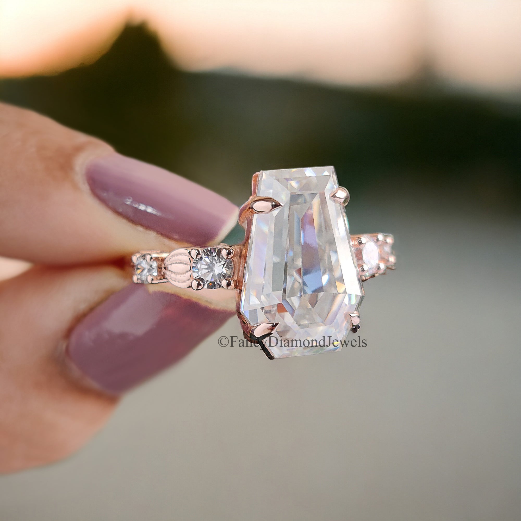 5.5 CT Coffin Shaped Moissanite Engagement Ring Vintage Unique Solid Rose Gold Moissanite Engagement Ring Bridal Promise Gift For Women FD64