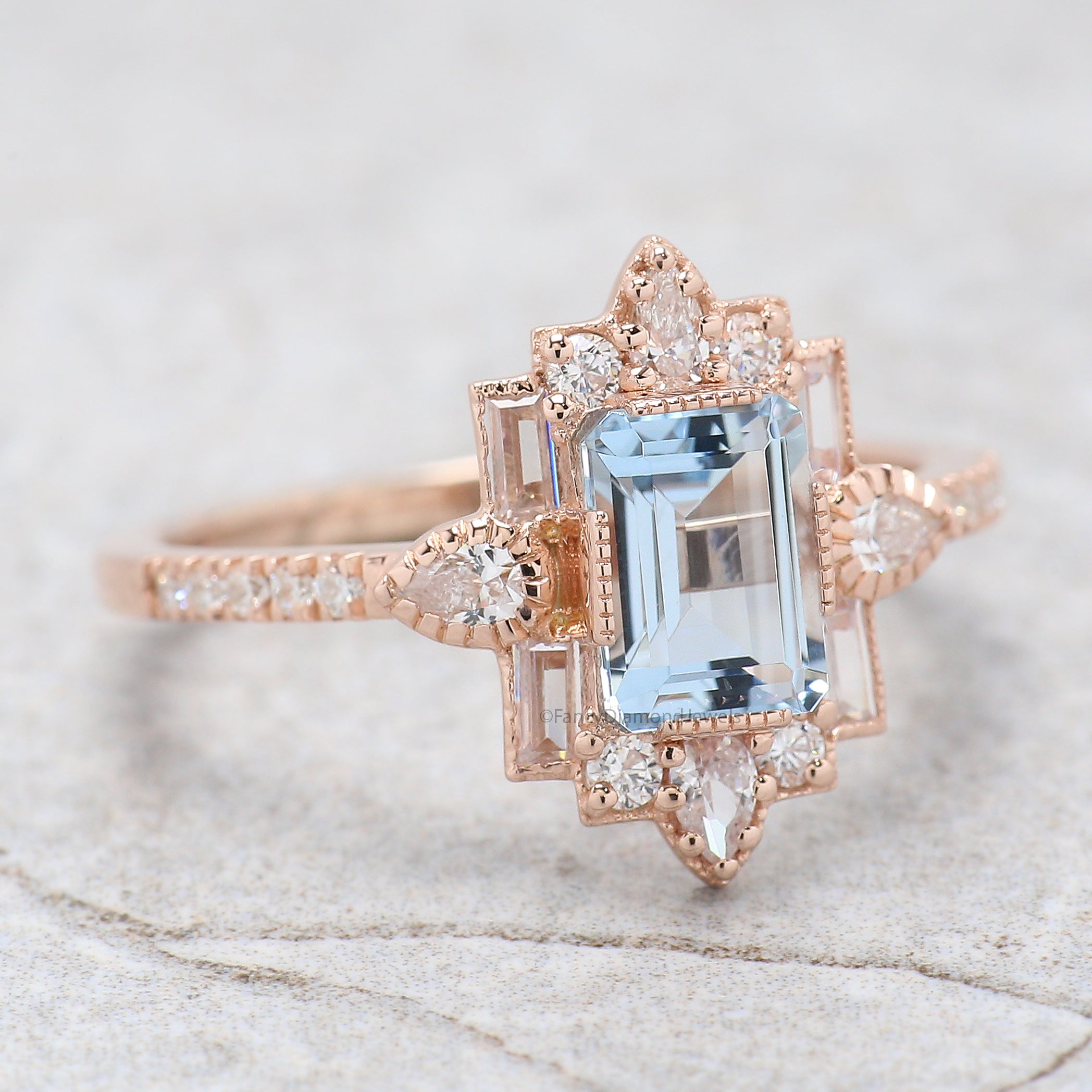 Emerald Cut Natural Aquamarine Engagement Ring Baguette wedding ring Unique art deco ring Pear halo ring Starburst ring Gift For Her FD385