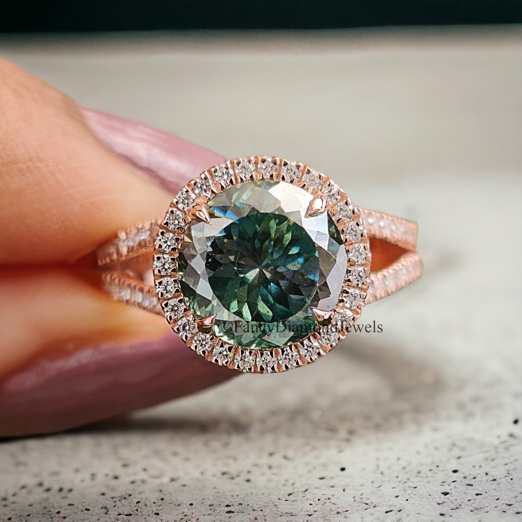 Cyan Blue Round Portuguese Cut Moissanite Ring - Rose Gold Halo Engagement Ring With Split Shank And Round Brilliant Cut Side Stones FD209