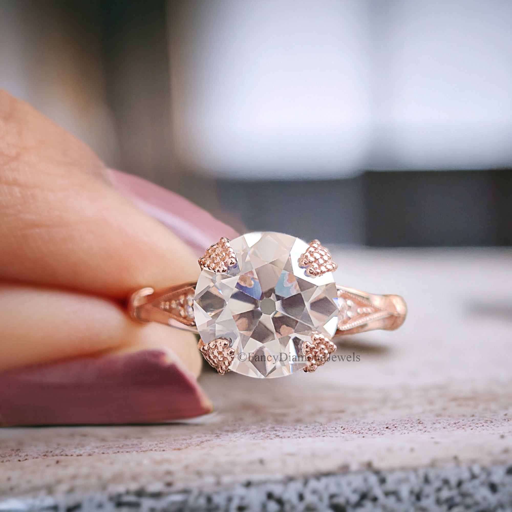 Old European Cut Engagement Ring Rose Gold Ring Round Moissanite Ring 2 CT Moissanite Milgrain Setting Ring Promise Ring For Her FD270