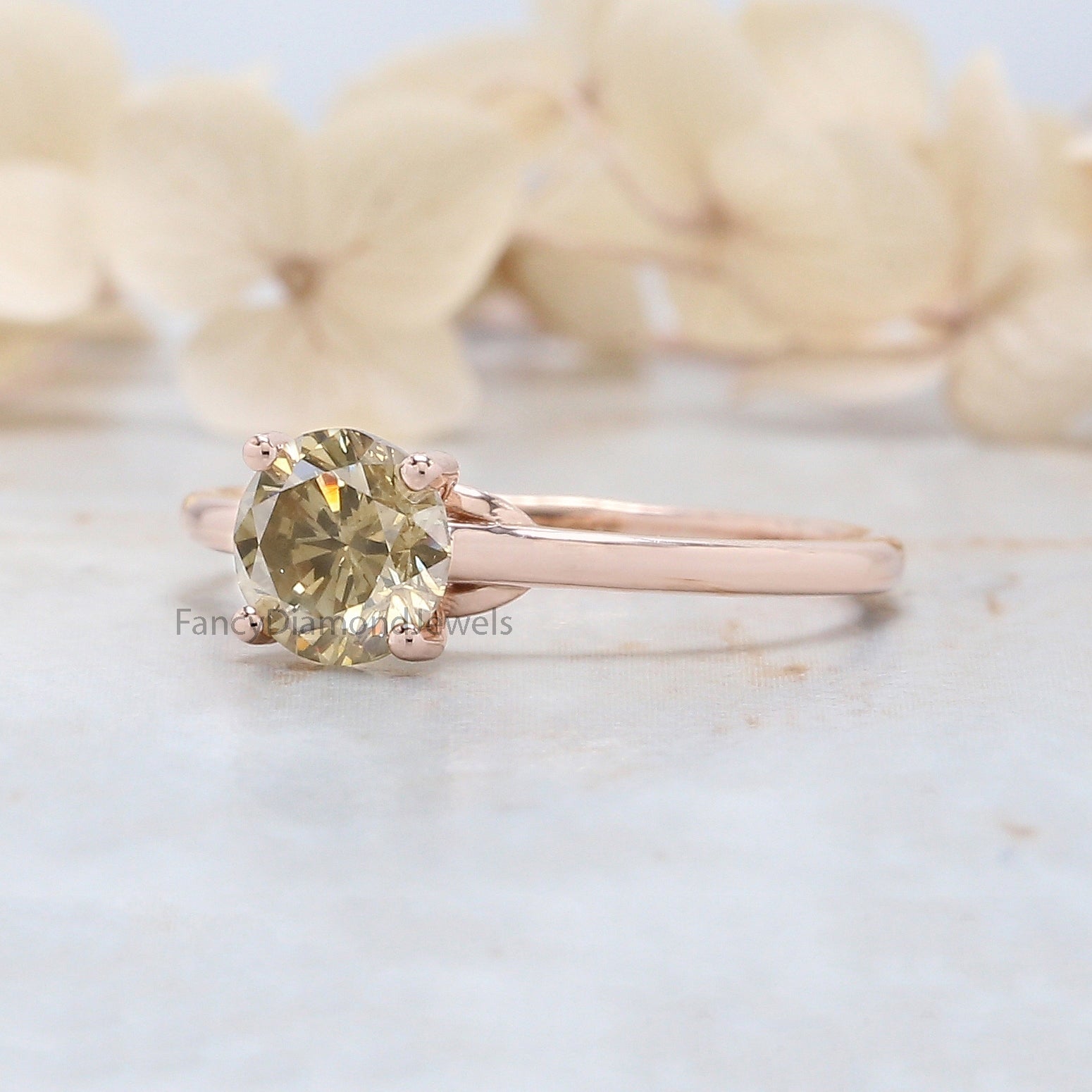 Round Cut Yellow Color Diamond Ring 0.88 Ct 6.00 MM Round Shape Diamond Ring 14K Solid Rose Gold Silver Engagement Ring Gift For Her QL3061