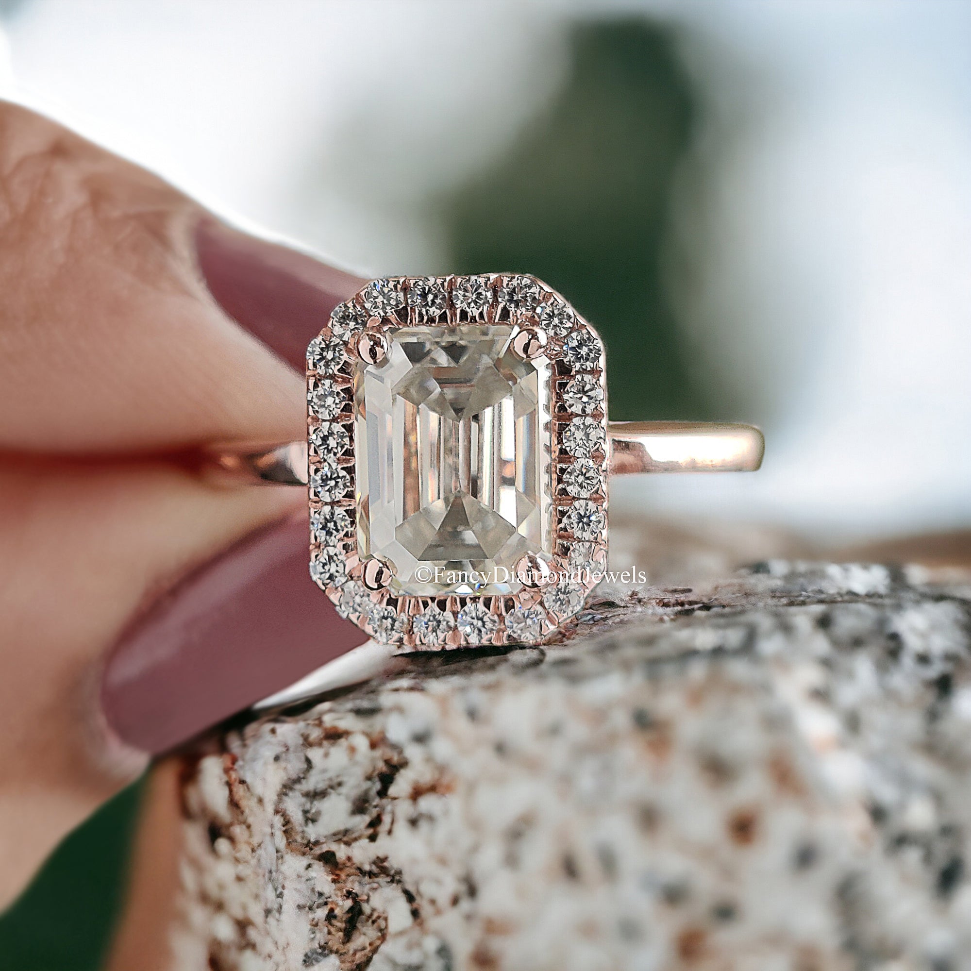 Vintage Moissanite Engagement Ring Set 1.85 CT Moissanite Ring Emerald Ring Rose Gold Ring Unique Stacking Ring Diamond Cluster Ring FD90